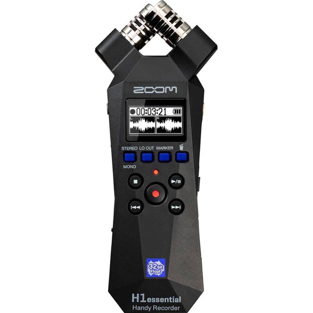 ZOOM  
00:03:21  
STEREO LO CUT MARKER  
MONO  
H1 essential  
Handy Recorder  
32 bit Float