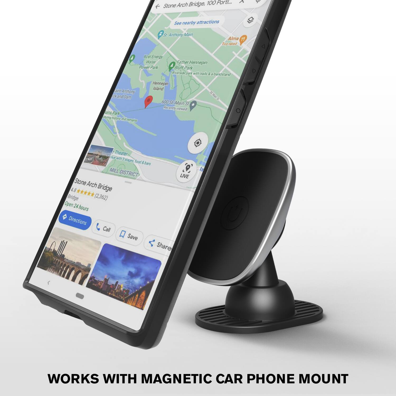 Bridge. 100 PortL. f Stone Arch See nearby attractions  Anthory Man Alma Fee raned Xce Energy P Water Power PA FA ther Henepin BUTt Park  Dare mih hady & bandstand  Anthory a pue 3um SinE Fark hator N npne Hennepin Island 600 SE Main S Recercy virwed Man Theater df wieth adages food I bars MILL DISTRICT LIVE Stone Arch 4.8 Bridge Bridge (2.362) Open 24 hours Directions Call Save Share WORKS WITH MAGNETIC CAR PHONE MOUNT