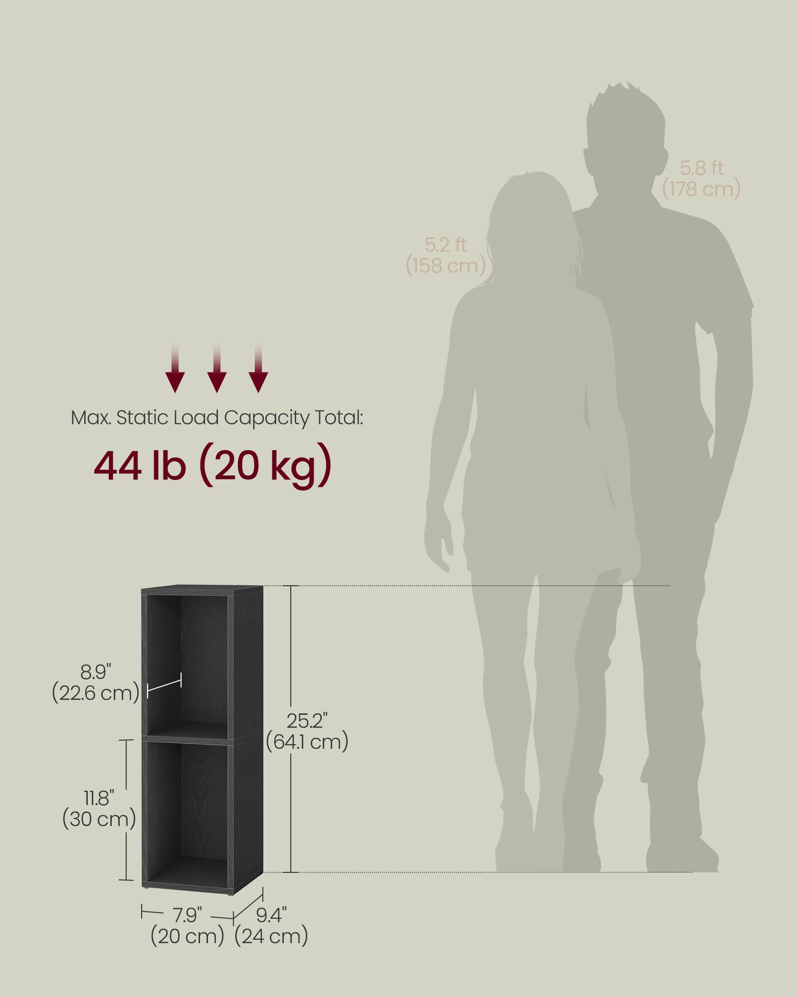 5.8 ft (178 cm)  
5.2 ft (158 cm)  

Max. Static Load Capacity Total: 44 lb (20 kg)  

8.9" (22.6 cm)  
25.2" (64.1 cm)  
11.8" (30 cm)  
7.9" (20 cm)  
9.4" (24 cm)