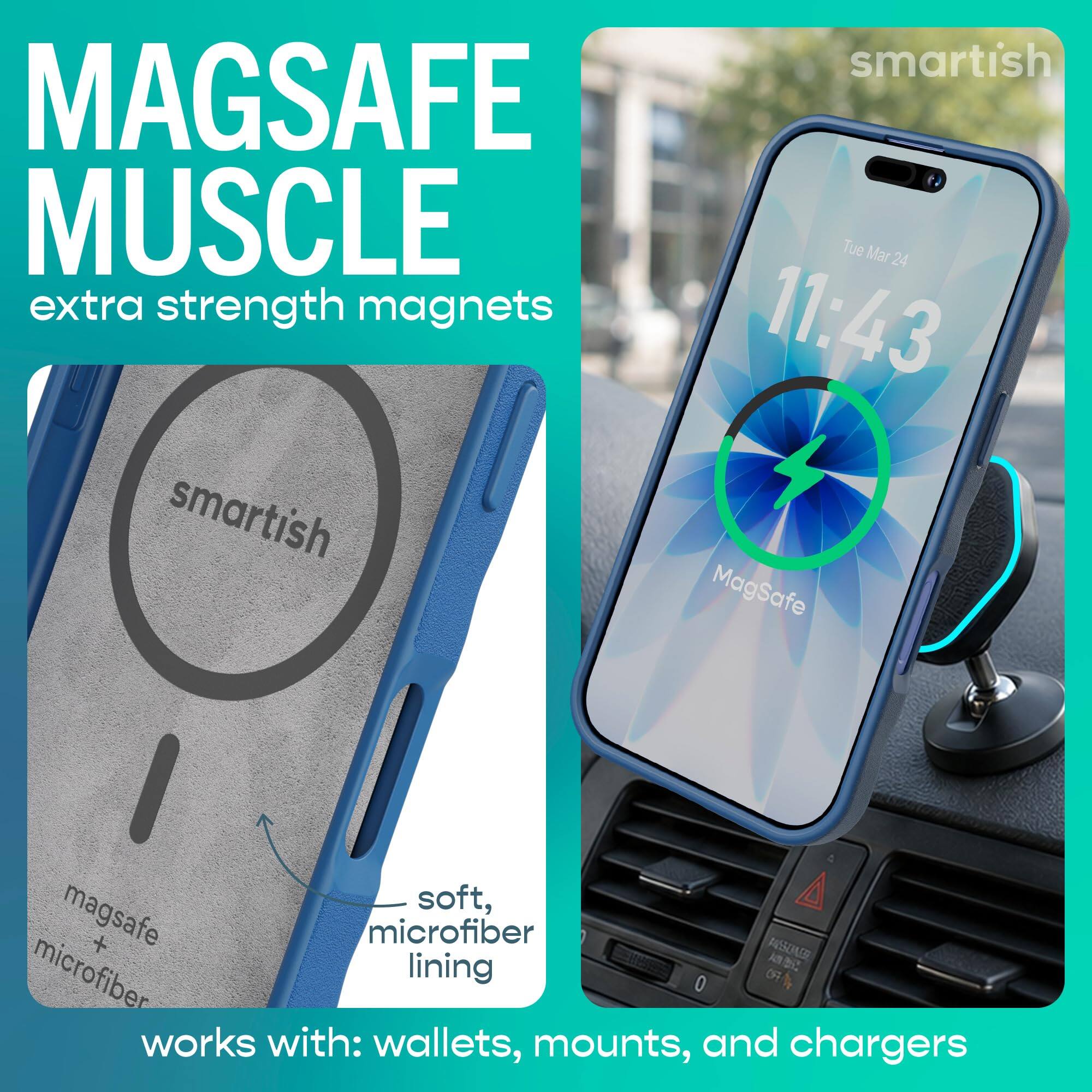 MAGSAFE MUSCLE  
extra strength magnets  

smartish MAGSAFE  

soft, magsafe + microfiber lining  
works with: wallets, mounts, and chargers