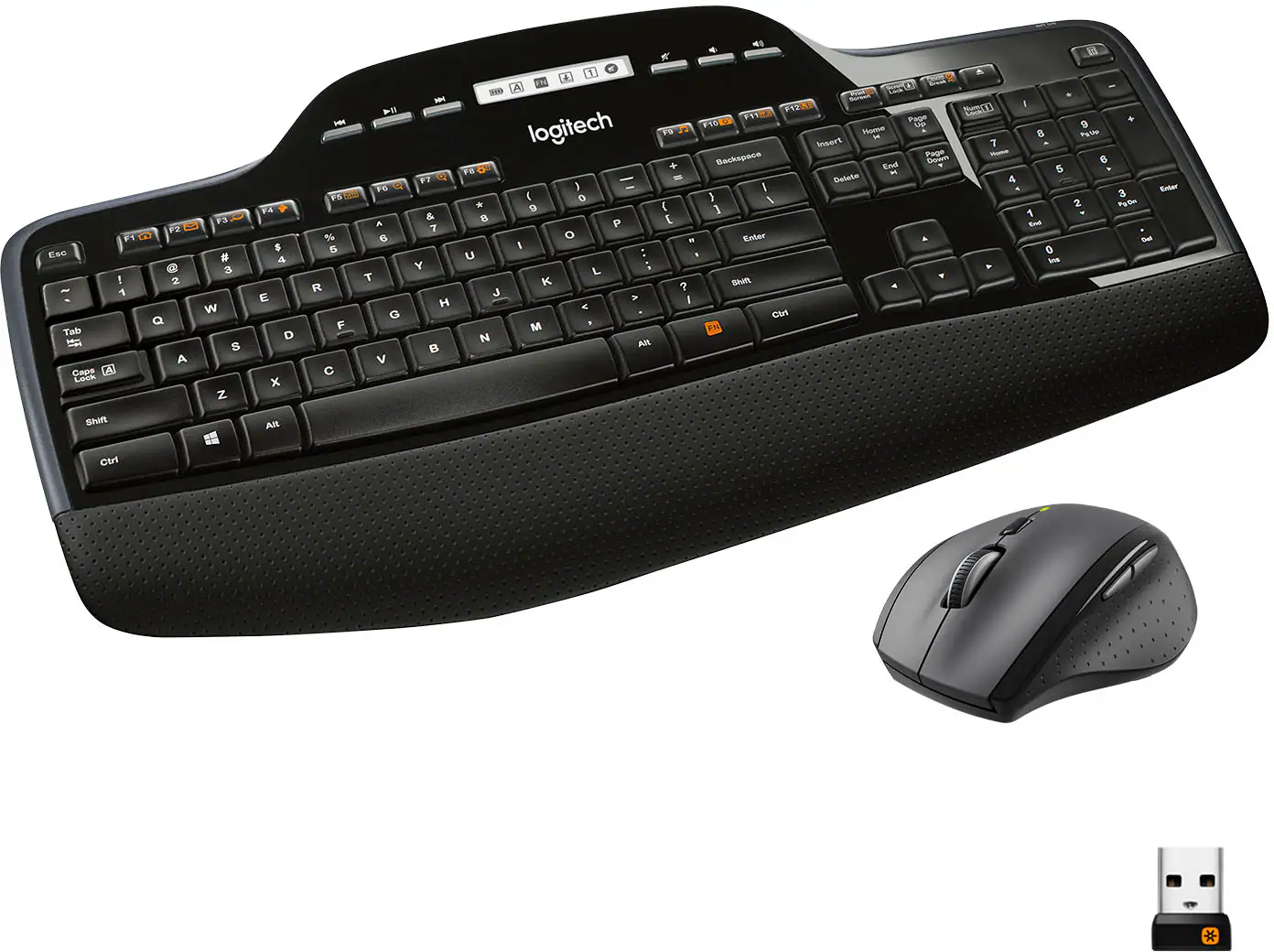 The image features a black Logitech keyboard and mouse. The keyboard has a wrist rest and a USB connector. The mouse is located to the right of the keyboard.