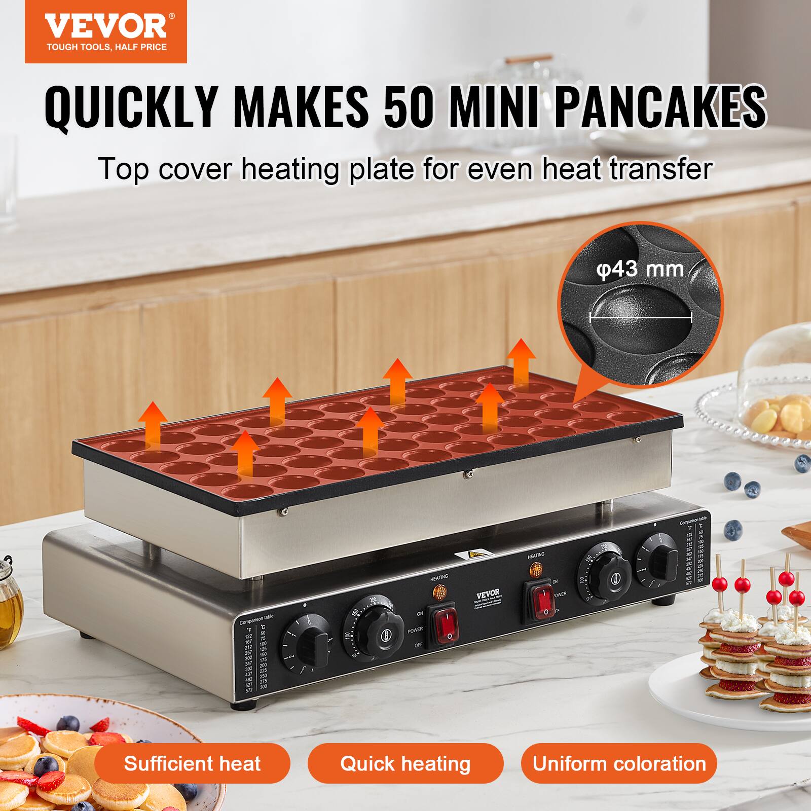 VEVOR TOUGH TOOLS, HALF PRICE

QUICKLY MAKES 50 MINI PANCAKES
Top cover heating plate for even heat transfer

43 mm

Sufficient heat
Quick heating
Uniform coloration