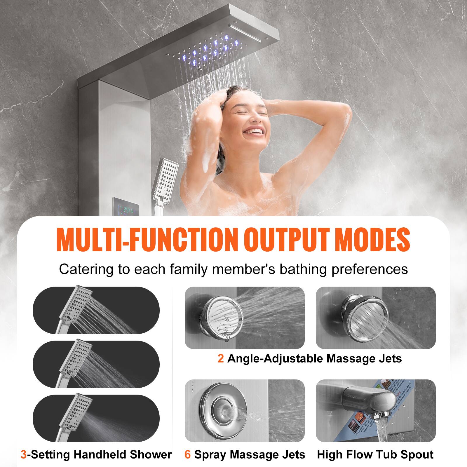 MULTI-FUNCTION OUTPUT MODES  
Catering to each family member's bathing preferences  

- 3-Setting Handheld Shower  
- 2 Angle-Adjustable Massage Jets  
- 6 Spray Massage Jets  
- High Flow Tub Spout