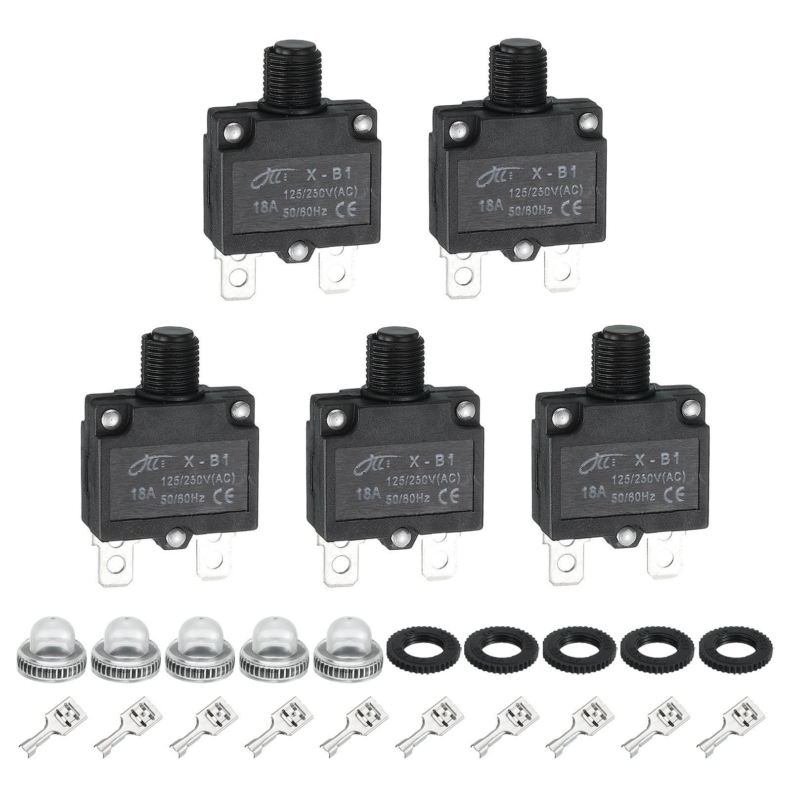 Unique Bargains - 5pcs 18A Thermal Circuit Breaker, 125/250V AC,32V DC, Manual Reset Push Button, Waterproof Caps, Quick Connect X-B1 - Black price history on PriceWatchPro