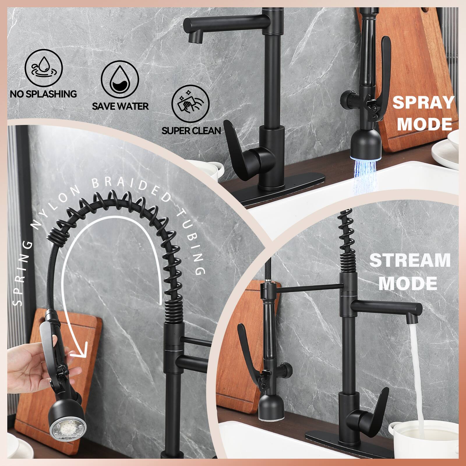 - NO SPLASHING
- SAVE WATER
- SUPER CLEAN
- SPRAY MODE
- STREAM MODE
- NYLON BRAIDED SPRING TUBING