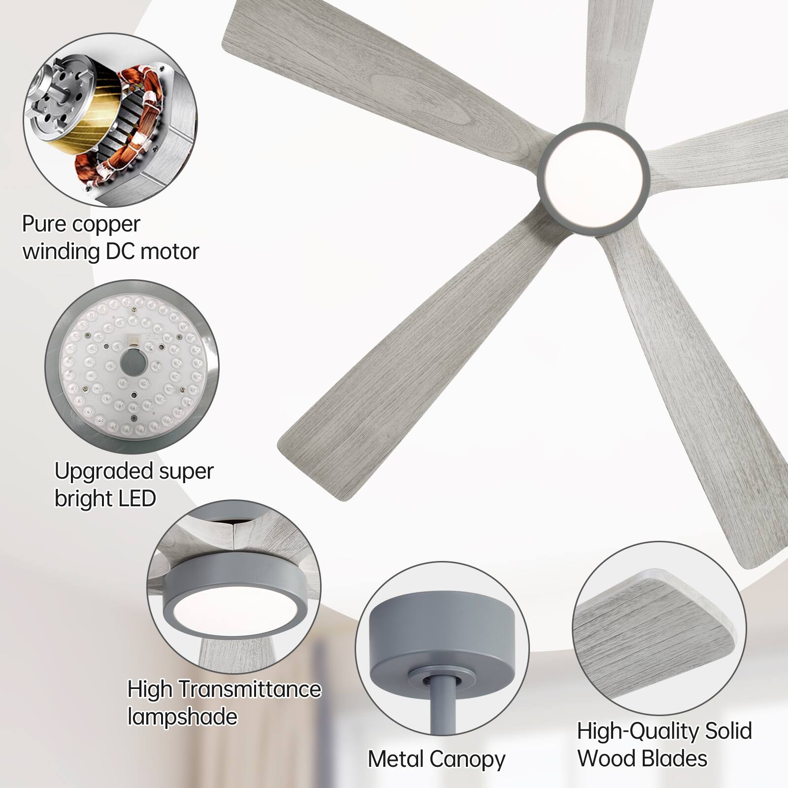 Pure copper winding DC motor  
Upgraded super bright LED  
High Transmittance lampshade  
Metal Canopy  
High-Quality Solid Wood Blades