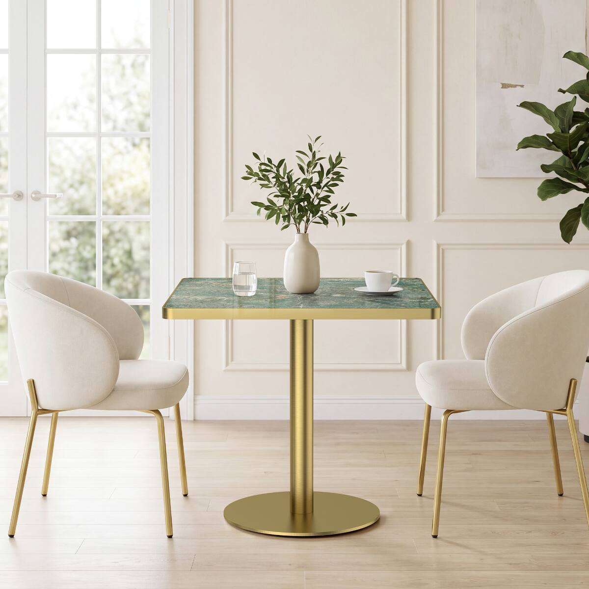Loheer 31.5 inch Square Dining Table, Sintered Stone Tabletop, Gold ...