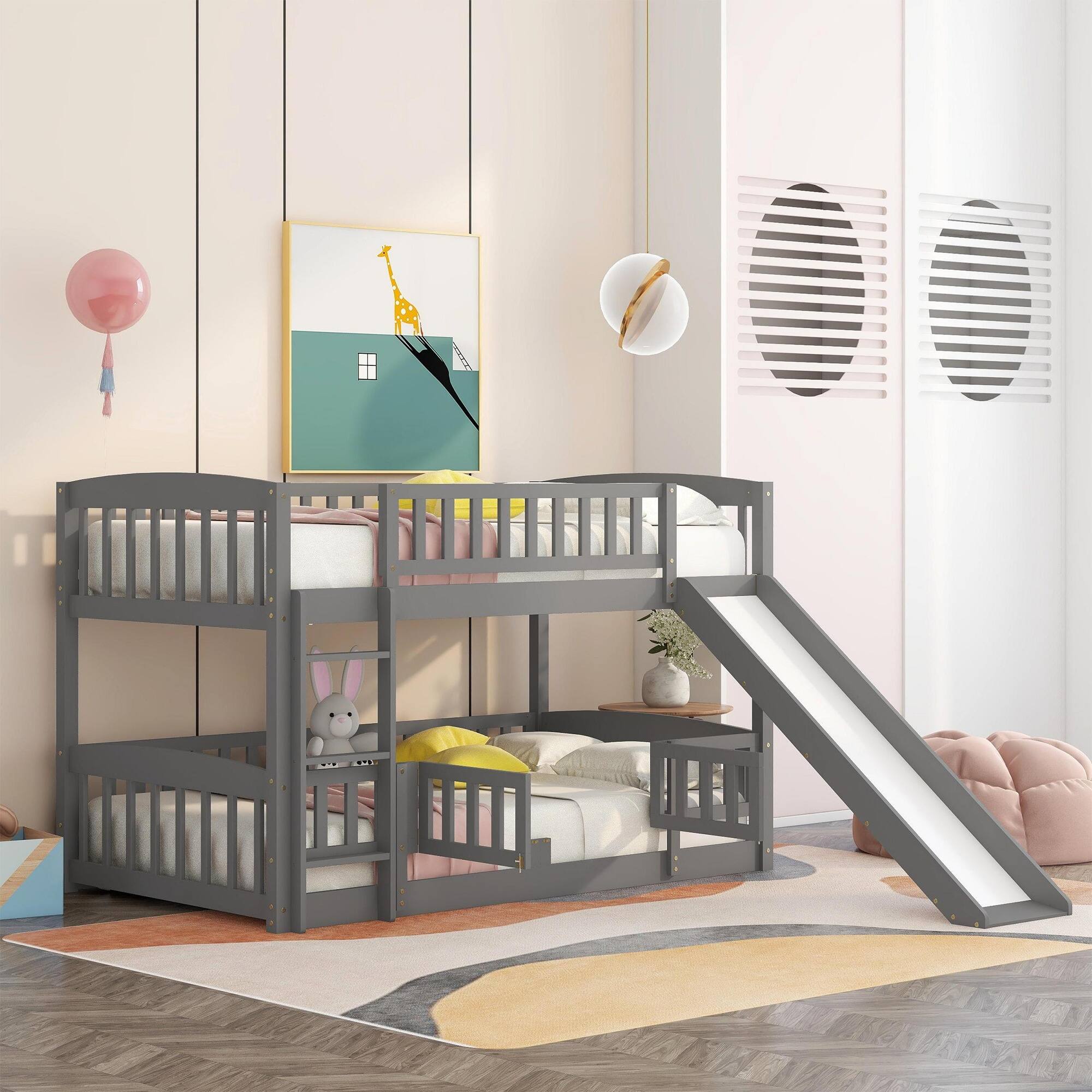 Front. Aukfa - Bunk Bed with Slide,Twin Over Twin Low Bunk Bed with Fence and Ladder for Kids Teens - Gray.