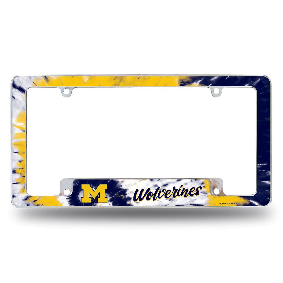 Michigan Wolverines Chrome Metal License Plate Frame with Bold Tie Dye Design