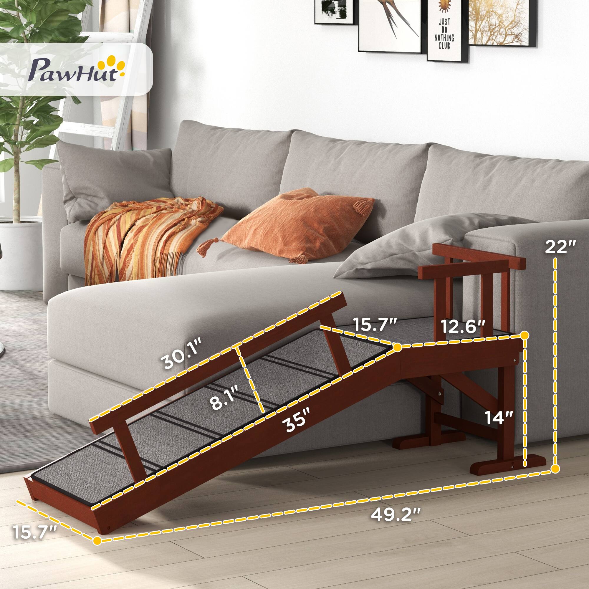 PawHut  
JUST DO NOTHING CLUB  

Dimensions:  
- Length: 49.2"  
- Width: 22"  
- Height: 15.7"  
- Step Height: 8.1"  
- Step Width: 15.7"  
- Overall Height: 35"  
- Back Height: 30.1"  
- Side Height: 14"  
- Side Width: 12.6"