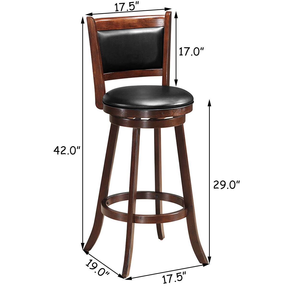 The dimensions of the chair are:

- Height: 42.0"
- Width: 29.0"
- Depth: 19.0"
- Seat height: 17.5"
- Back height: 17.0"