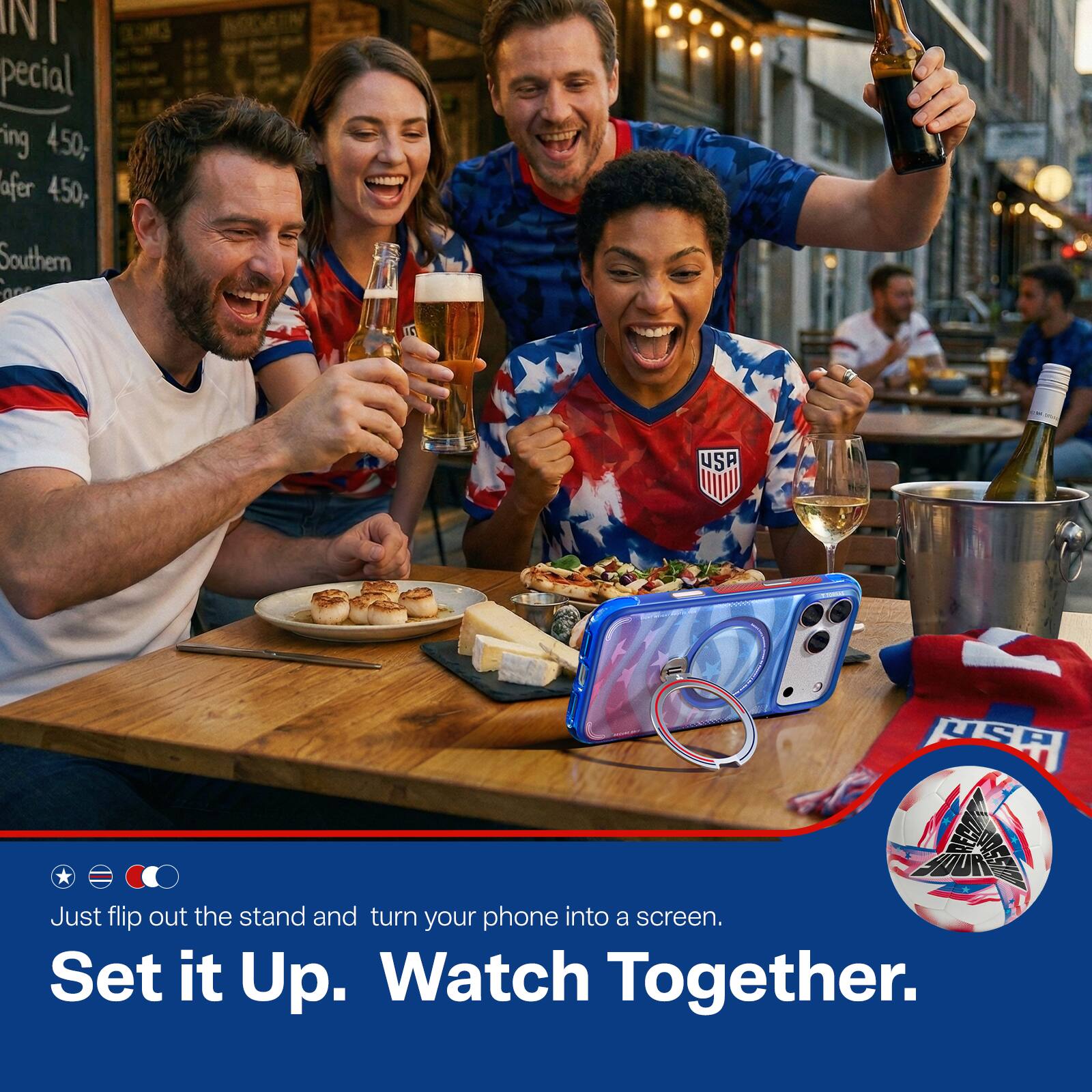 Just flip out the stand and turn your phone into a screen.  
Set it Up. Watch Together.