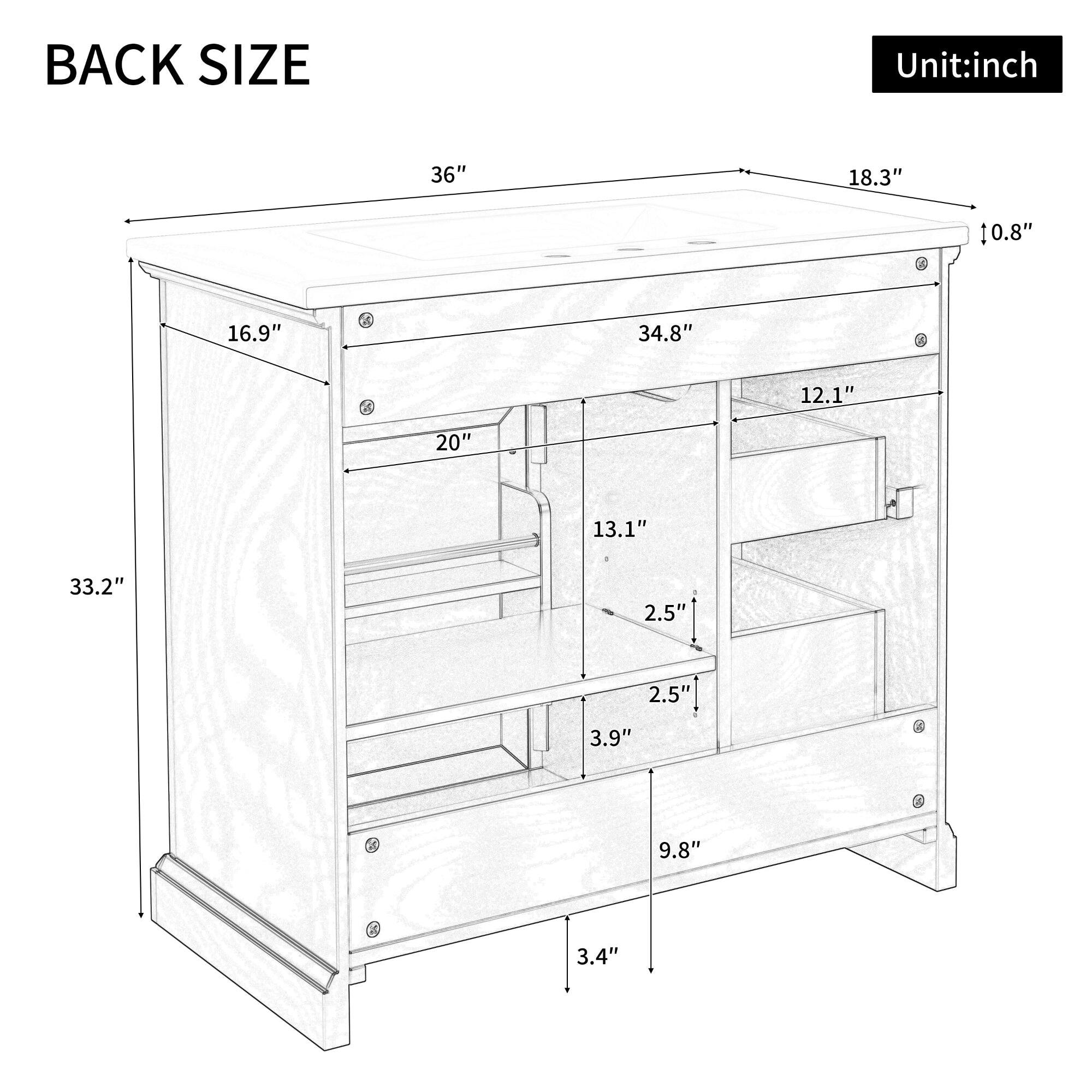 BACK SIZE  
Unit: inch  

- 36"  
- 18.3"  
- 10.8"  
- 16.9"  
- 34.8"  
- 12.1"  
- 20"  
- 13.1"  
- 33.2"  
- 2.5"  
- 2.5"  
- 3.9"  
- 9.8"  
- 3.4"