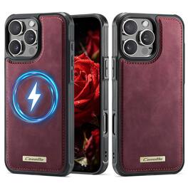 Dteck - PU Leather Texture Case for Apple iPhone 16 Pro Max, Elegant Slim Shockproof Magnetic Cover, Mag-Safe Compatible Design - Red