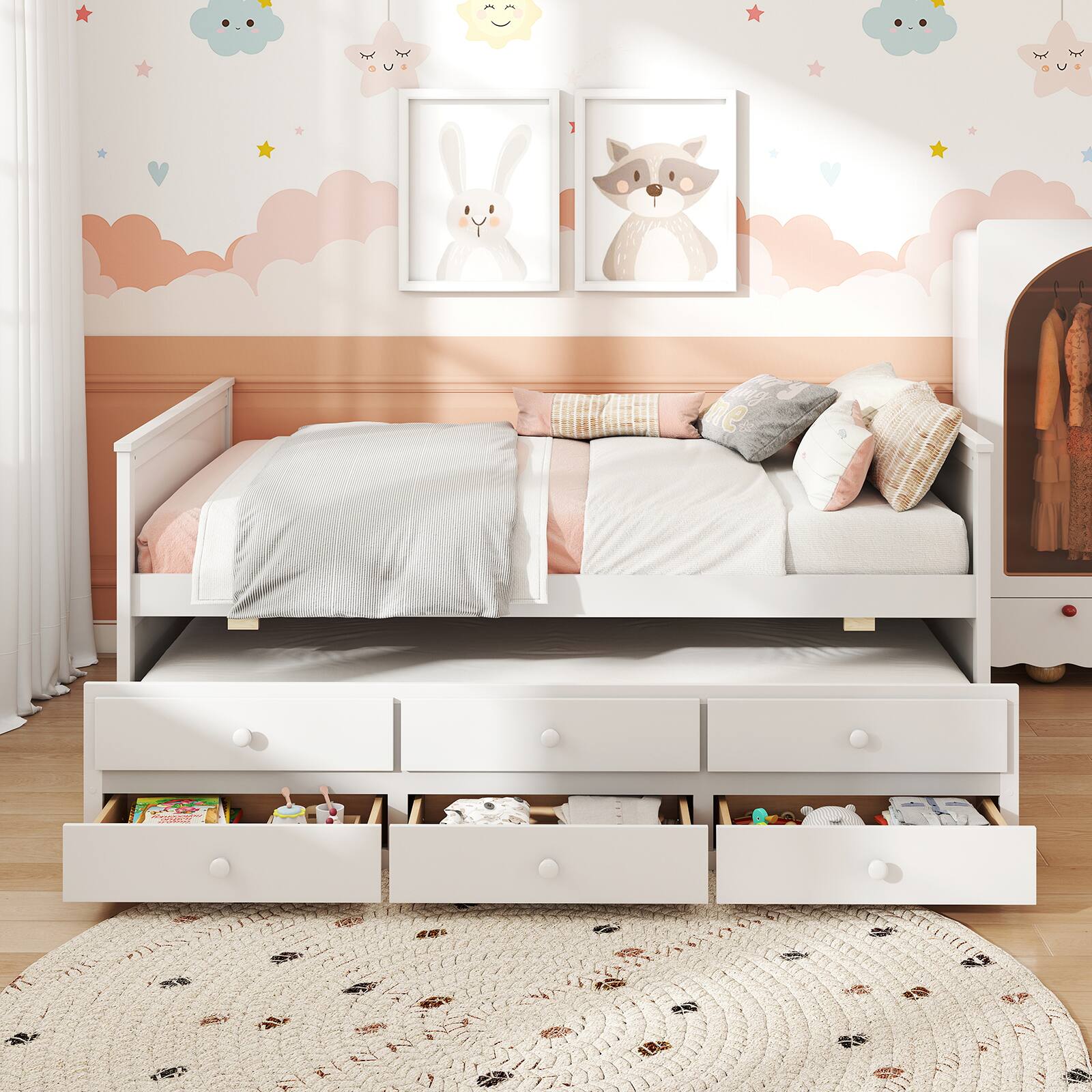 Alt View 5. Gymax - Gymax Full Size Bed Frame w/ Twin Trundle & 3 Storage Drawers w/Headboard Footboard - White.