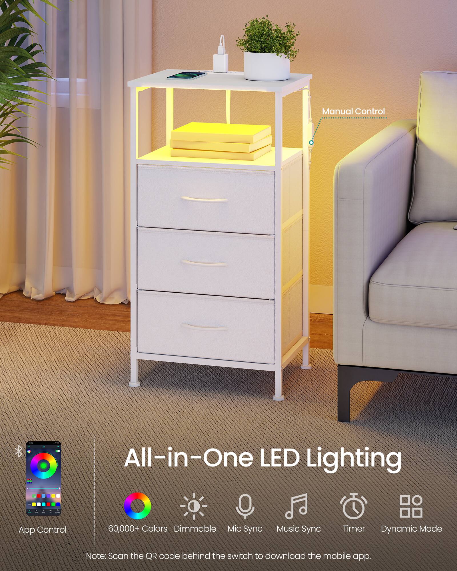 Manual Control

All-in-One LED Lighting

App Control
60,000+ Colors
Dimmable
Mic Sync
Music Sync
Timer
Dynamic Mode

Note: Scan the QR code behind the switch to download the mobile app.