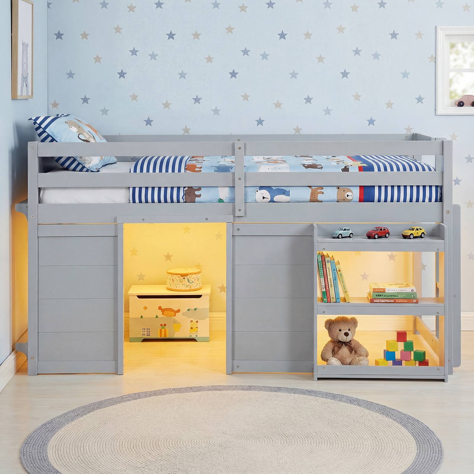 Alt View 3. Gymax - Gymax Twin Size Loft Bed w/ LED Lights 2 Doors Underbed Space & Shelves for Kids Grey - Grey.