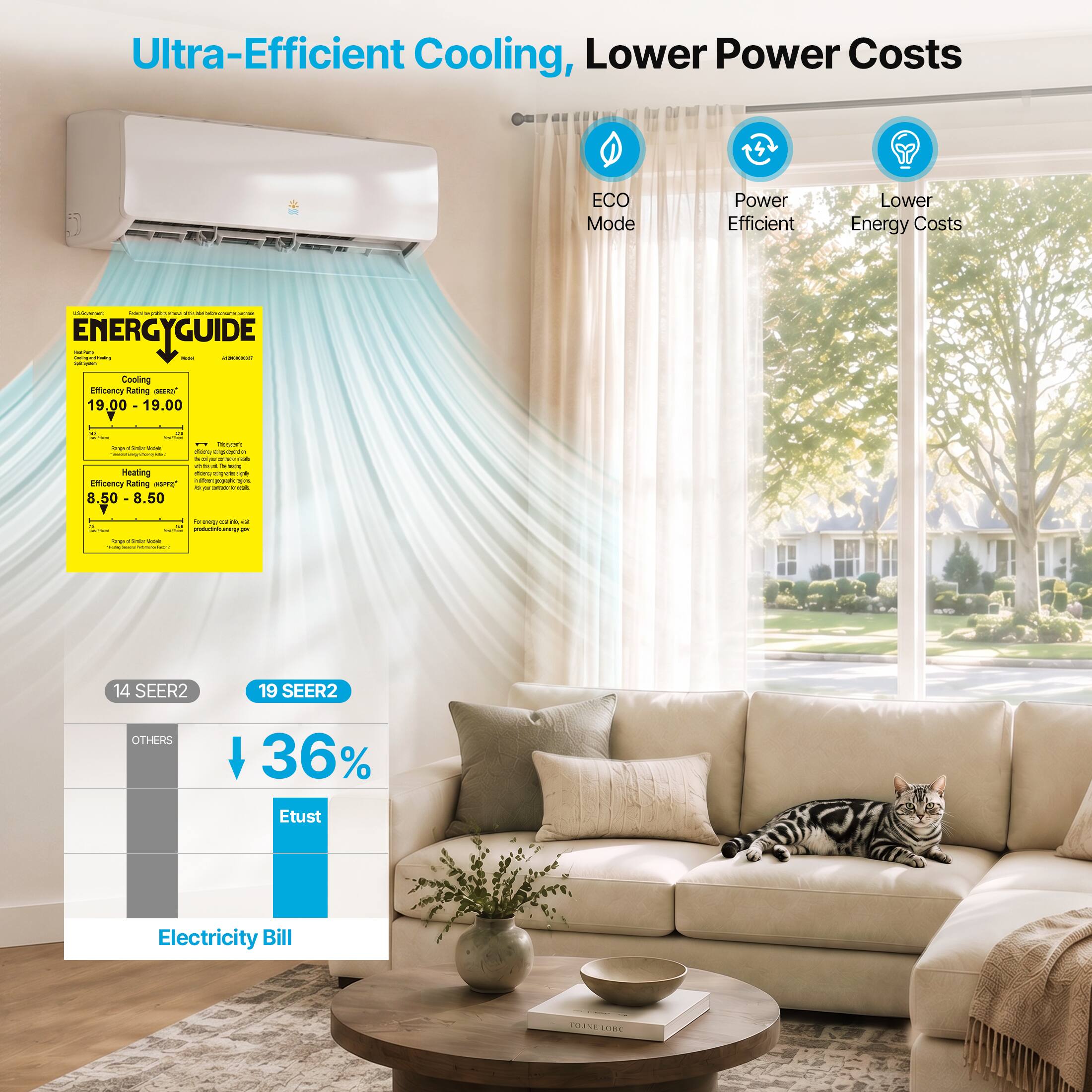 Ultra-Efficient Cooling, Lower Power Costs

ECO Mode
Power Efficient
Lower Energy Costs

ENERGYGUIDE
Cooling Efficiency Rating: 19.00 - 19.00
Heating Efficiency Rating: 8.50 - 8.50

14 SEER2
19 SEER2
OTHERS
36%
Etust
Electricity Bill