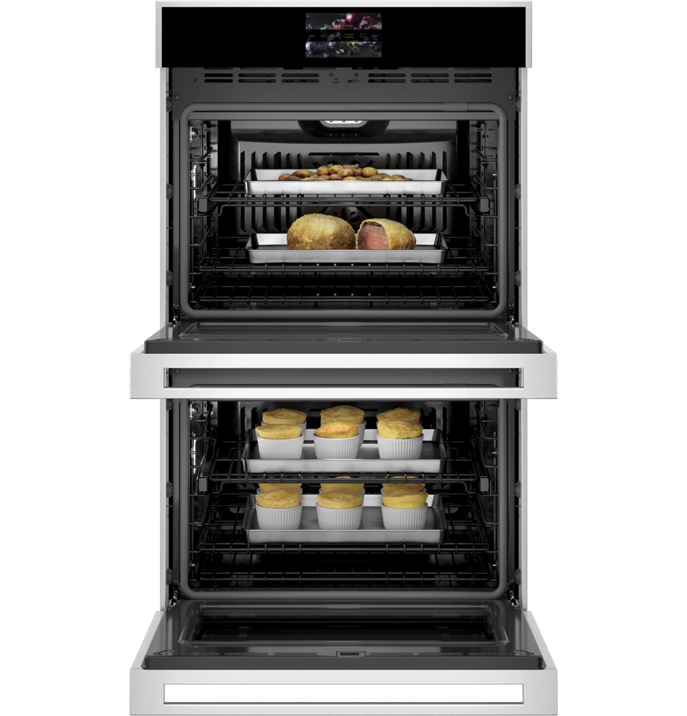 Left. Monogram - 30" Built-In Double Electric Convection Wall Oven with LCD Controls and Wi-Fi powered by SmartHQ - Stainless Steel.