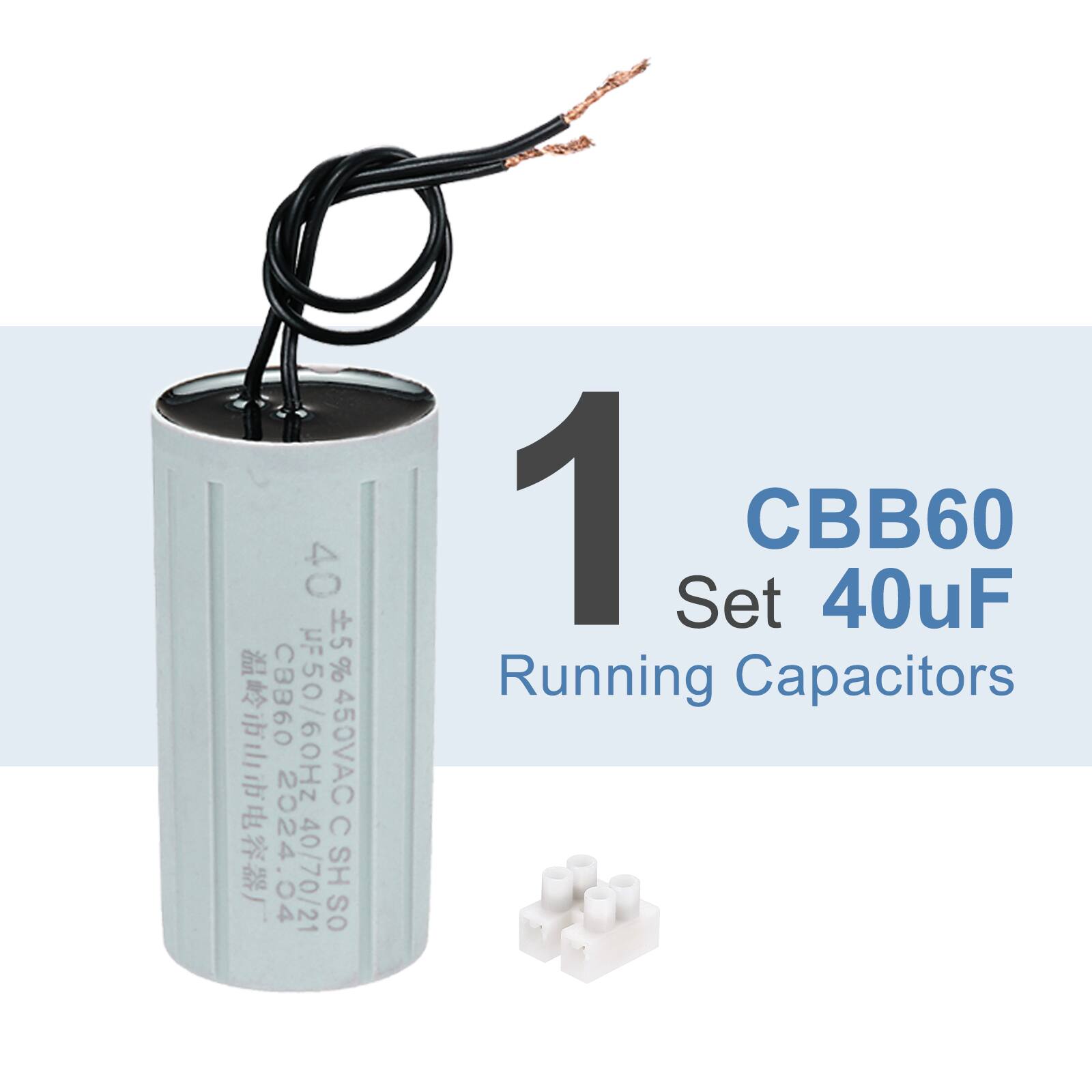1 CBB60 Set 40uF Running Capacitors

40/70/21 CSHSO

CBB60 40uF 5% 450VAC 50/60Hz

04 2024