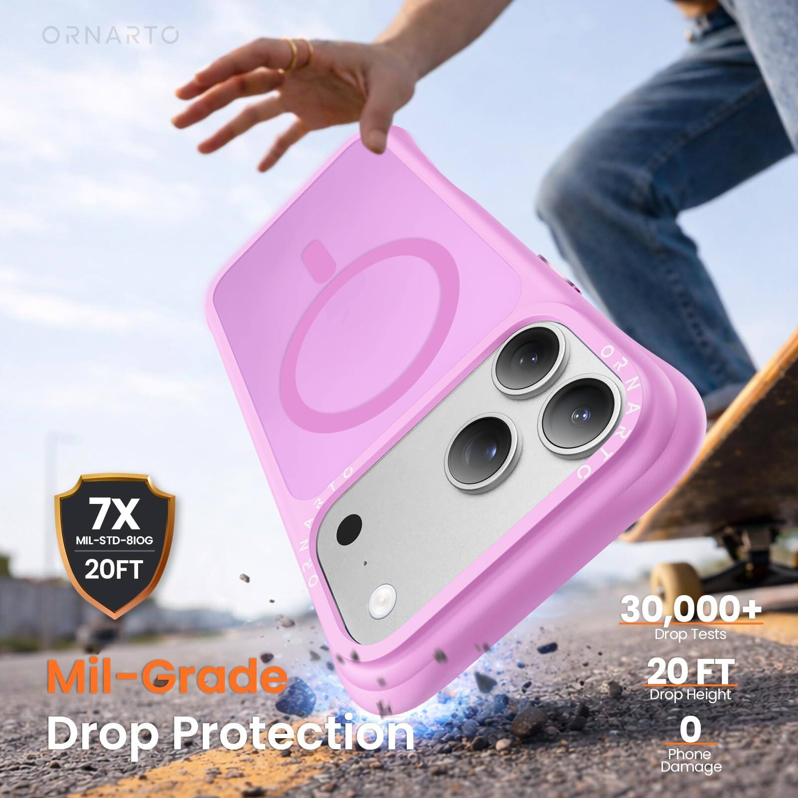 ORNARTO  
7X MIL-STD-810G 20FT  
Mil-Grade Drop Protection  
30,000+ Drop Tests  
20 FT Drop Height  
0 Phone Damage