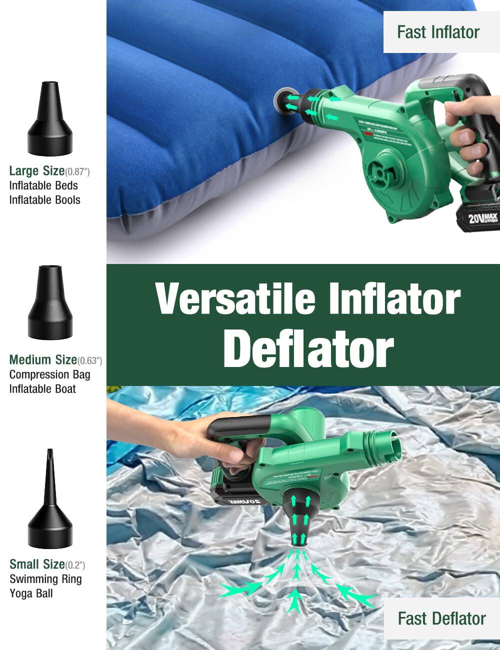 Fast Inflator  
Large Size(0.87")  
Inflatable Beds  
Inflatable Boats  

Versatile Inflator Deflator  

Medium Size(0.63")  
Compression Bag  
Inflatable Boat  

Small Size(0.2")  
Swimming Ring  
Yoga Ball  

Fast Deflator