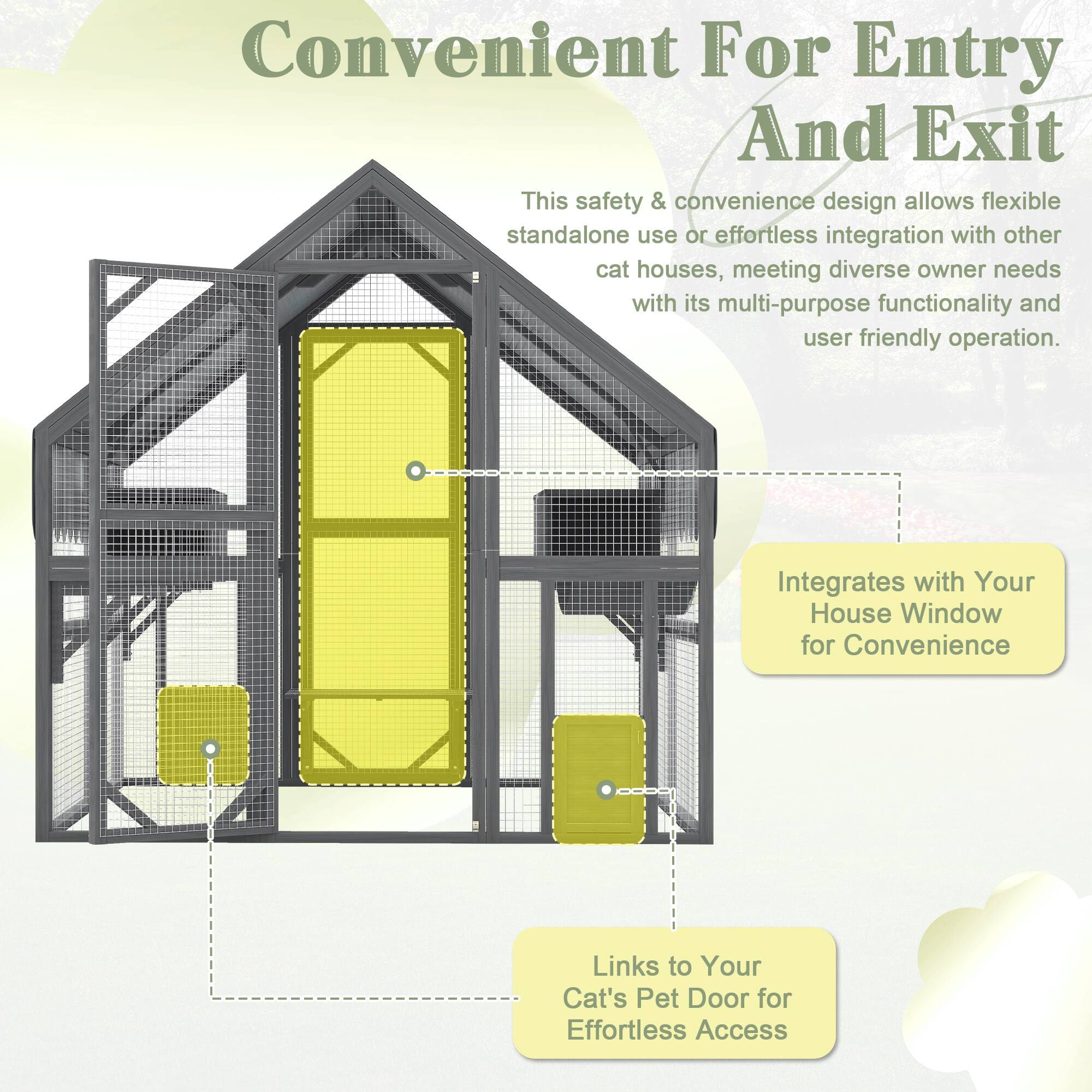 Convenient For Entry And Exit

This safety & convenience design allows flexible standalone use or effortless integration with other cat houses, meeting diverse owner needs with its multi-purpose functionality and user friendly operation.

Integrates with Your House Window for Convenience

Links to Your Cat's Pet Door for Effortless Access