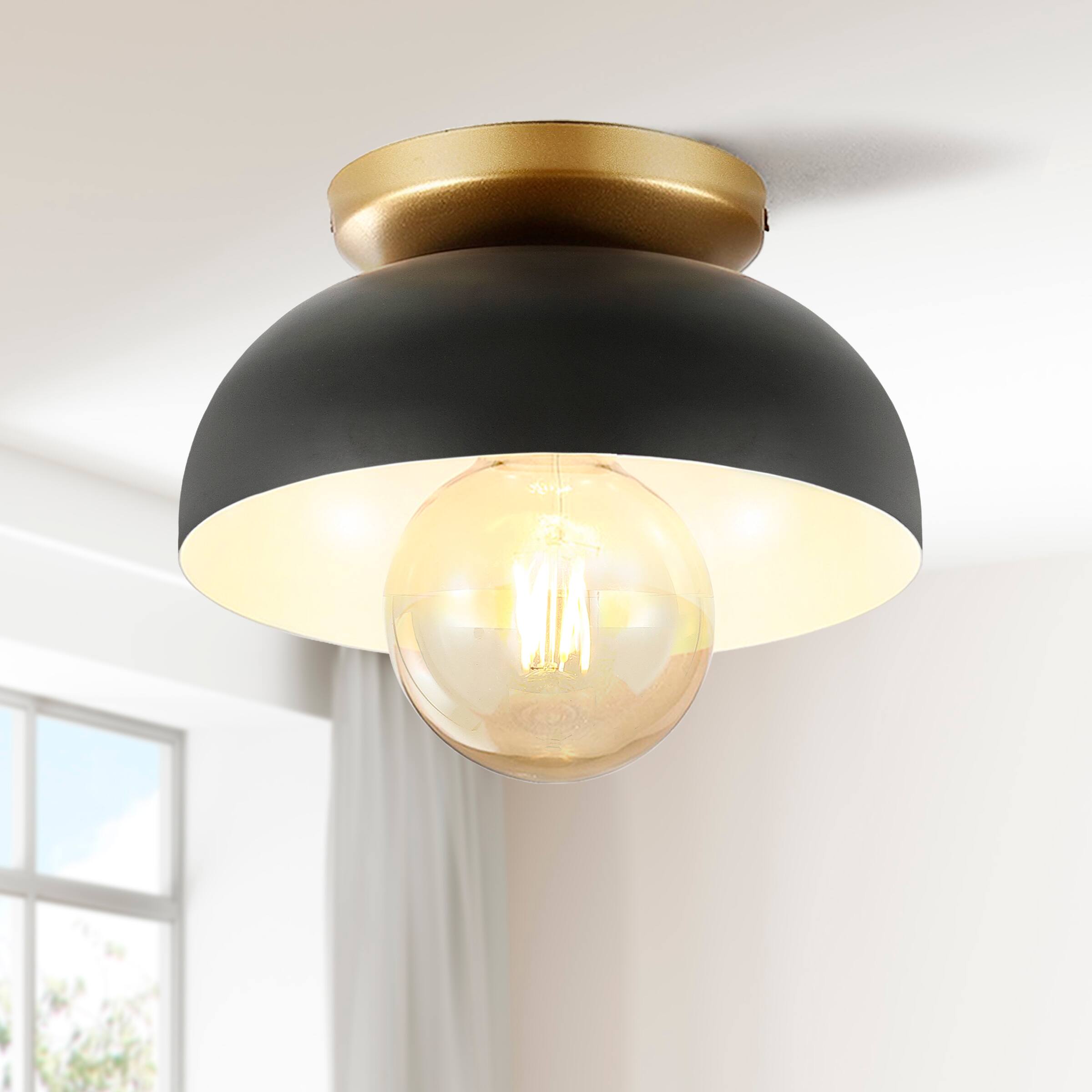 Alt View 1. Jonathan Y - Paulina 8.5" 1-Light Classic Industrial Iron LED Flush Mount, Black/Gold Painting - Black/Gold Painting.