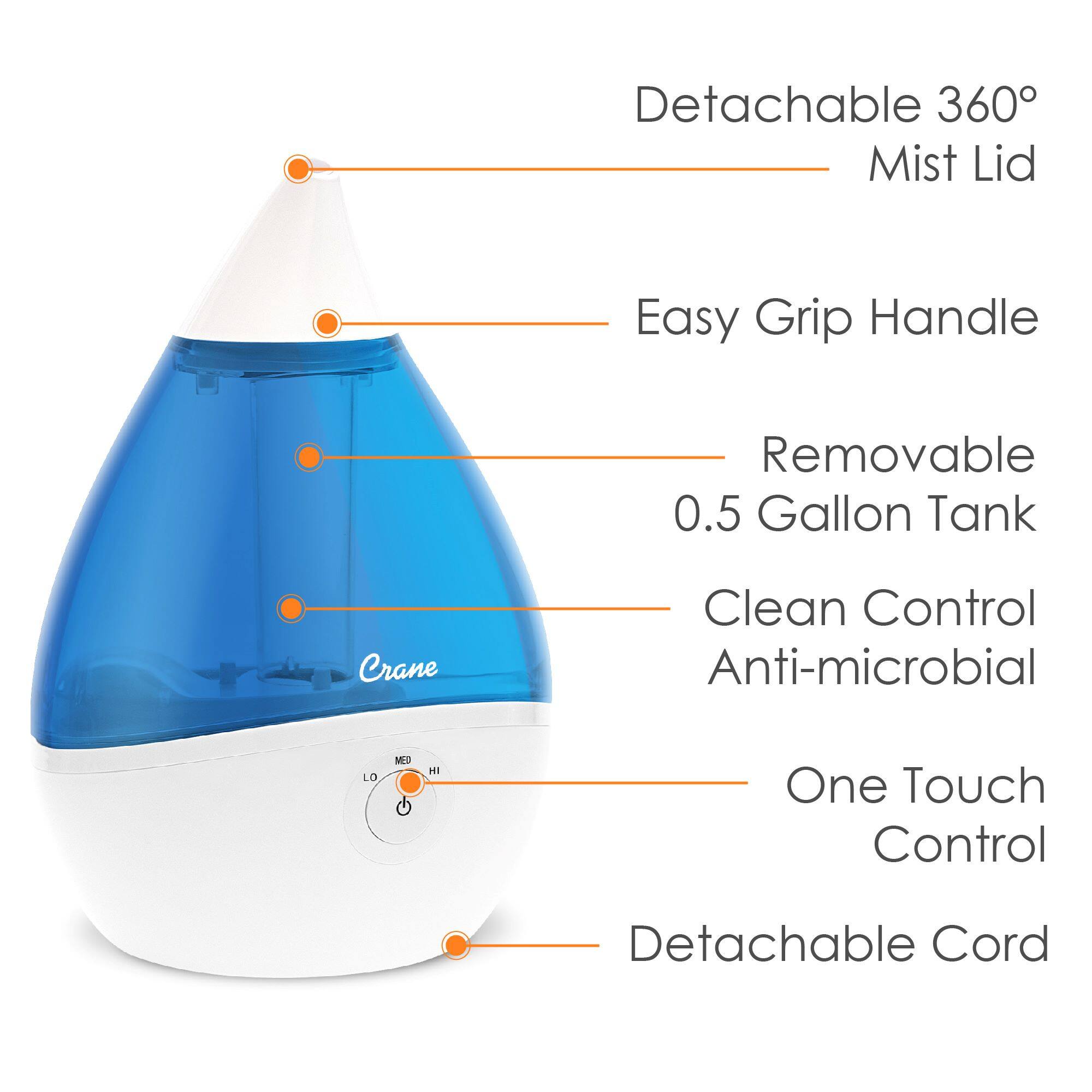 - Detachable 360° Mist Lid
- Easy Grip Handle
- Removable 0.5 Gallon Tank
- Clean Control Anti-microbial
- One Touch Control
- Detachable Cord