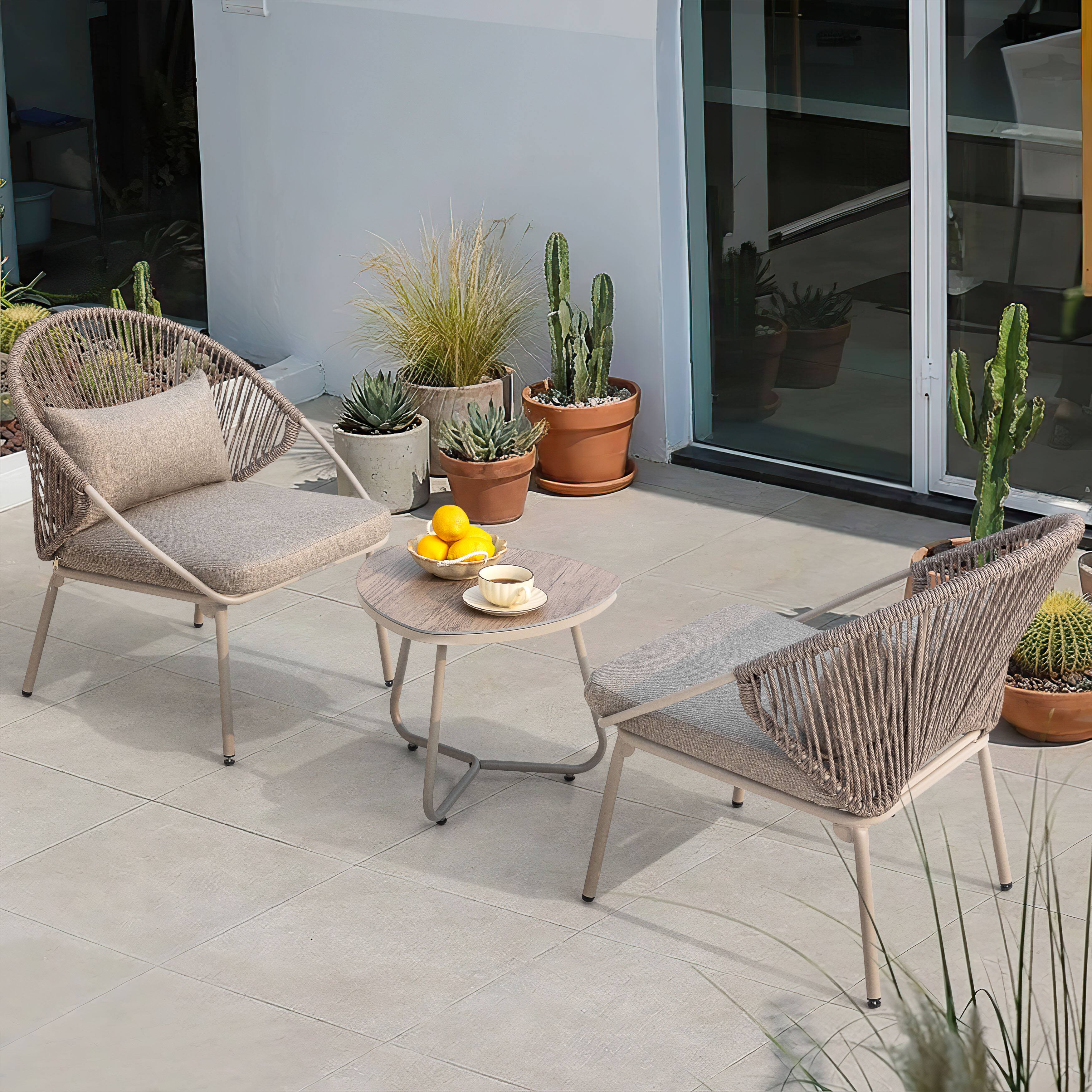 Left. Nuu Garden - 3PCS PE Wicker Patio Bistro Set with Zippered Cushions, Wood-Grain Tabletop - Grayish Brown.