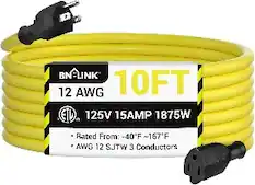 BN-LINK
12 AWG
10FT
ETD
125V 15AMP 1875W
Rated From: -40°F ~ 167°F
AWG 12 SJTW 3 Conductors