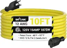 BN-LINK - 10 ft Outdoor Extension Cord 12/3 SJTW, Heavy Duty, 3-Prong Grounded, 15A, 1875W, ETL - Yellow