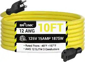 BN-LINK
12 AWG
10FT
ETD
125V 15AMP 1875W
Rated From: -40°F ~ 167°F
AWG 12 SJTW 3 Conductors