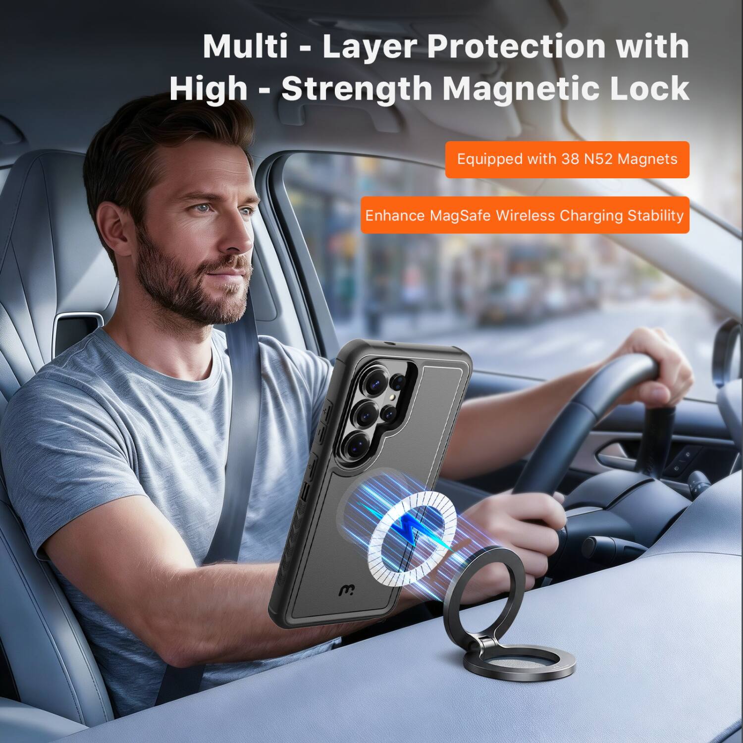 Multi-Layer Protection with High-Strength Magnetic Lock  
Equipped with 38 N52 Magnets  
Enhance MagSafe Wireless Charging Stability