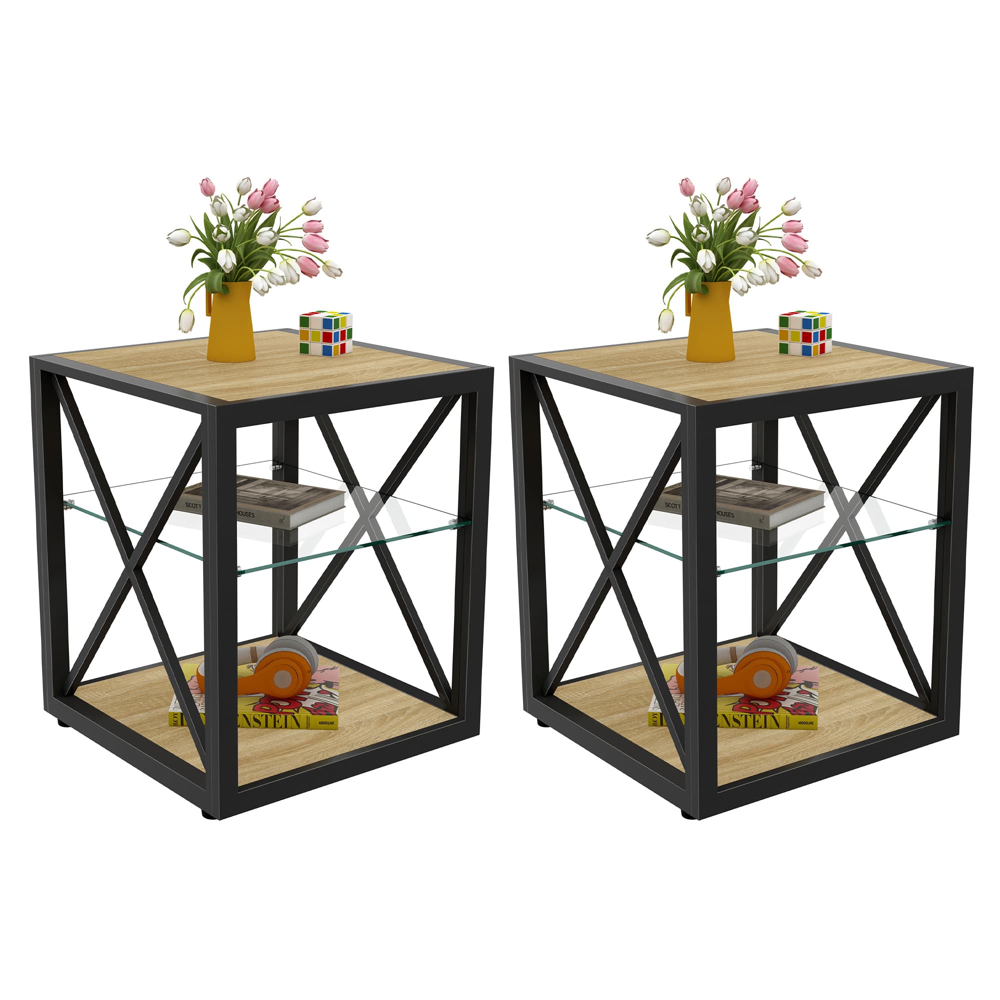 Ecooso - Set of 2 Modern End Tables, Industrial Style for Bedroom and Living Room - Natural