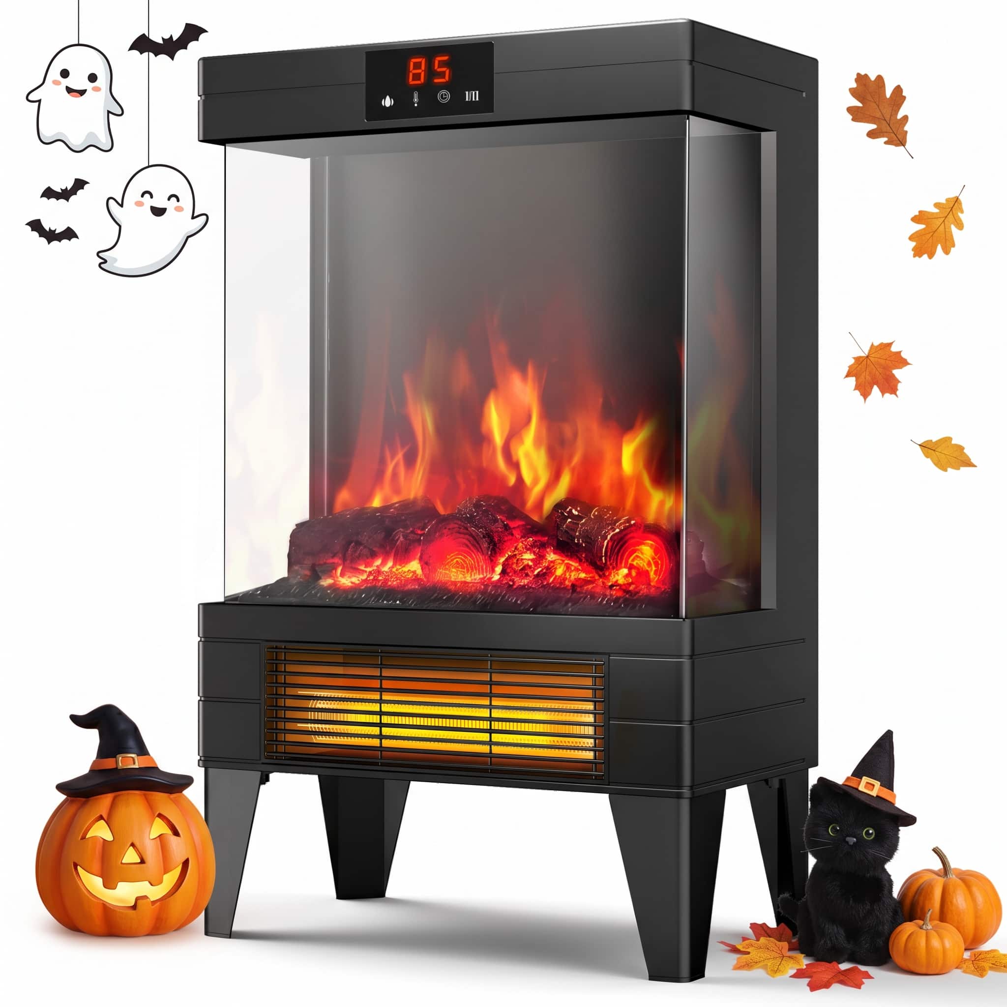 Front. Etust - Etust Electric Fireplace Heater 24.41" Freestanding Faux Stove for Indoor Use with Panoramic Flame & Thermostat - Black.