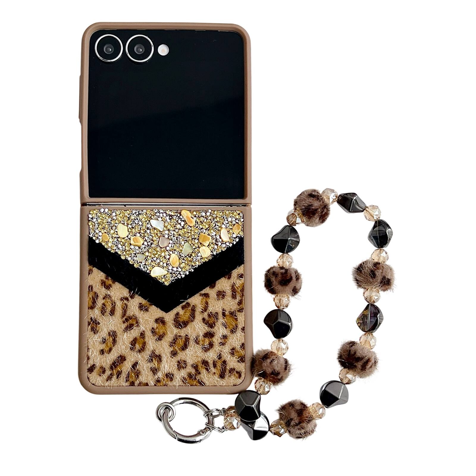 Alt View 1. Dteck - Shockproof Phone Case for Samsung Galaxy Z Flip7 with Beaded Wrist Strap, Glitter Rhinestone Hard PC Protective Cover - Gold.