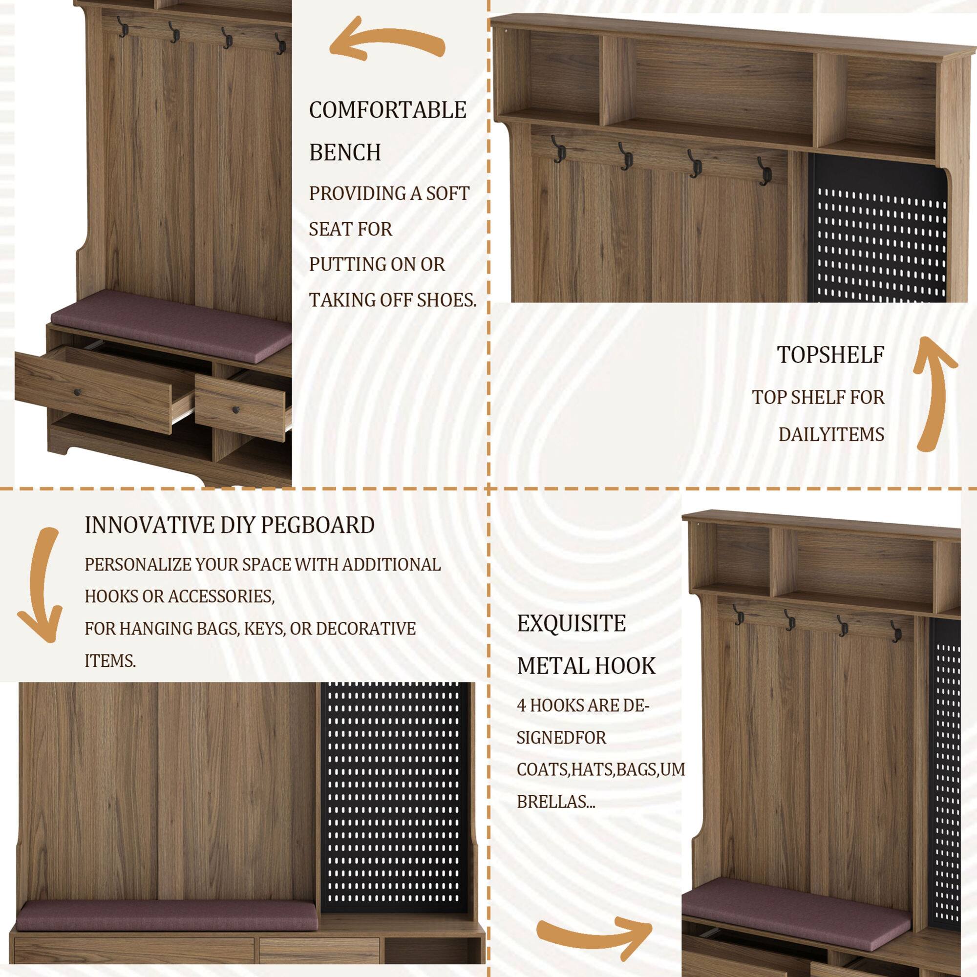 - COMFORTABLE BENCH PROVIDING A SOFT SEAT FOR PUTTING ON OR TAKING OFF SHOES.
- TOP SHELF FOR DAILY ITEMS
- INNOVATIVE DIY PEGBOARD PERSONALIZE YOUR SPACE WITH ADDITIONAL HOOKS OR ACCESSORIES, FOR HANGING BAGS, KEYS, OR DECORATIVE ITEMS.
- EXQUISITE METAL HOOK 4 HOOKS ARE DESIGNED FOR COATS, HATS, BAGS, UMBRELLAS...