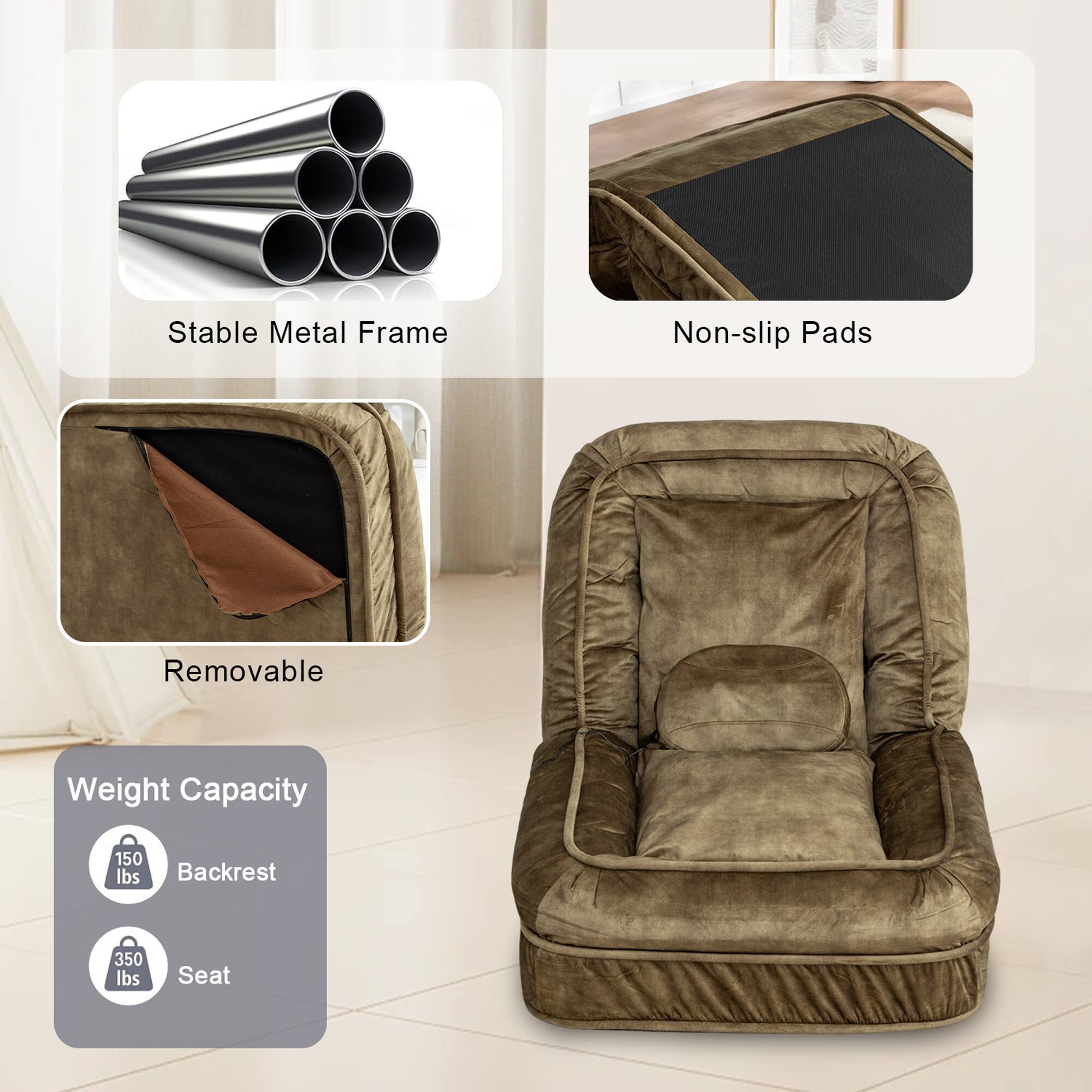 - Stable Metal Frame
- Non-slip Pads
- Removable
- Weight Capacity
  - Backrest: 150 lbs
  - Seat: 350 lbs