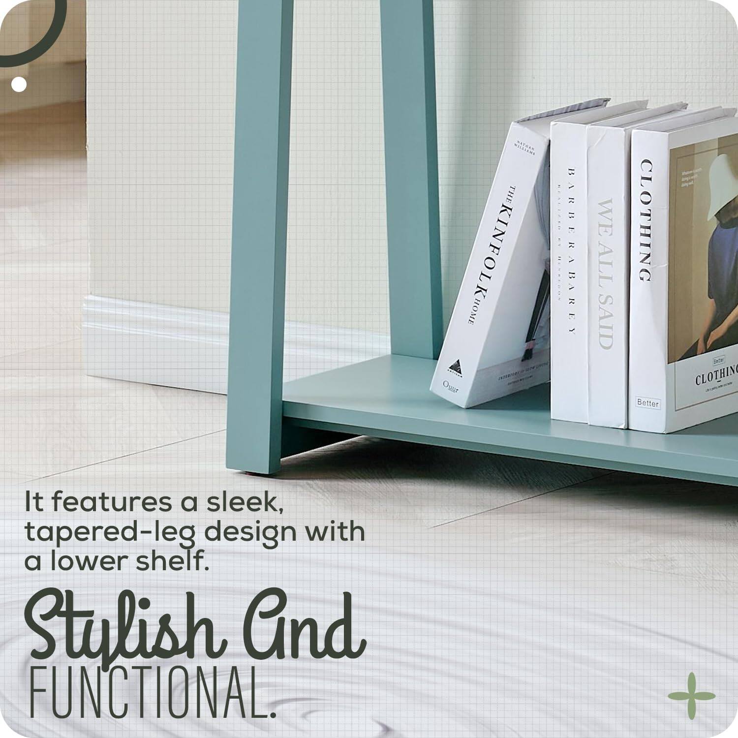 THE KINFOLK HOME  
Our | BARBERABAREY  
WE ALL SAID CLOTHING  
Better CLOTHING  

It features a sleek, tapered-leg design with a lower shelf.  

Stylish And FUNCTIONAL.