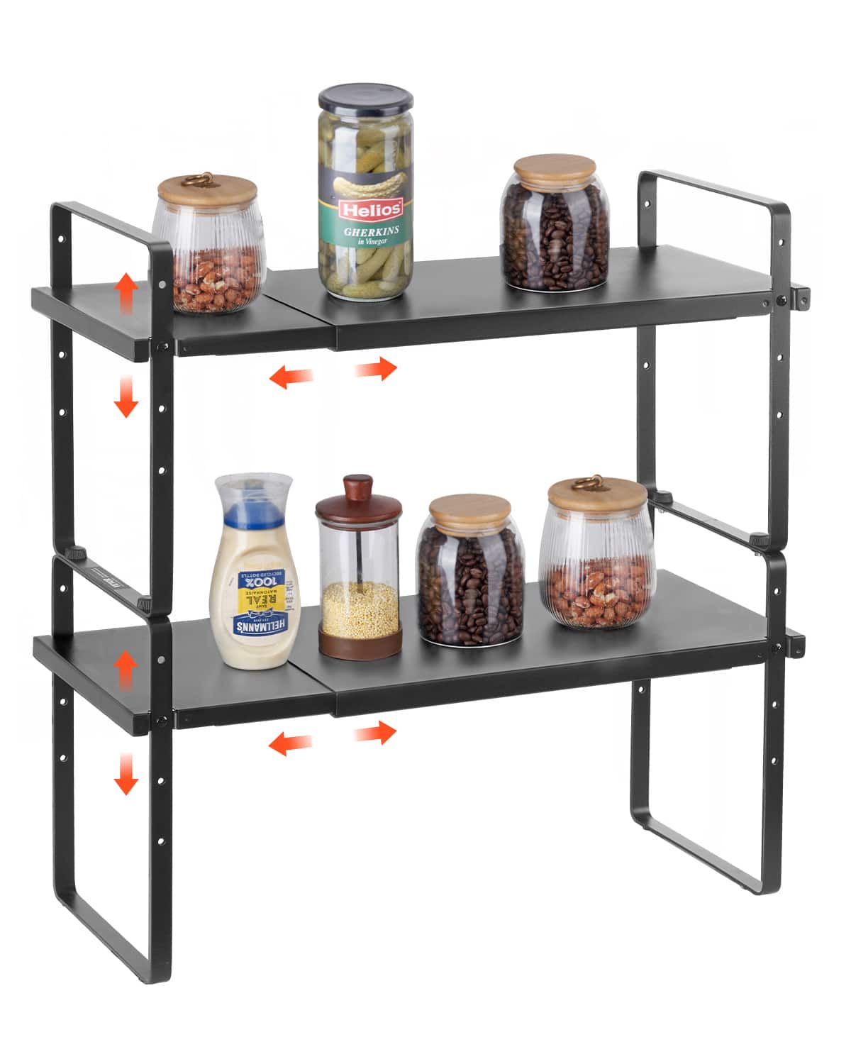 VEVOR - Adjustable Kitchen Cabinet Shelf Organizer, Expandable 2 Tier Cabinet Shelf, Stackable Countertop Organizer - Black