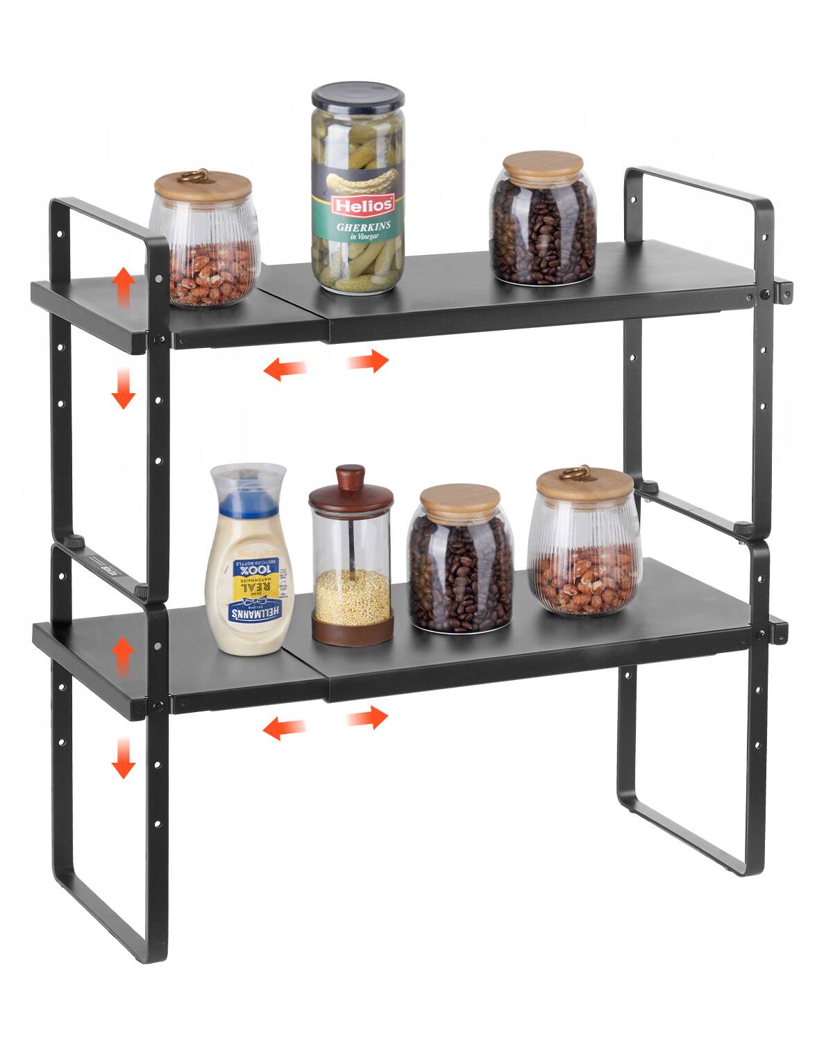 VEVOR - Adjustable Kitchen Cabinet Shelf Organizer, Expandable 2 Tier Cabinet Shelf, Stackable Countertop Organizer - Black