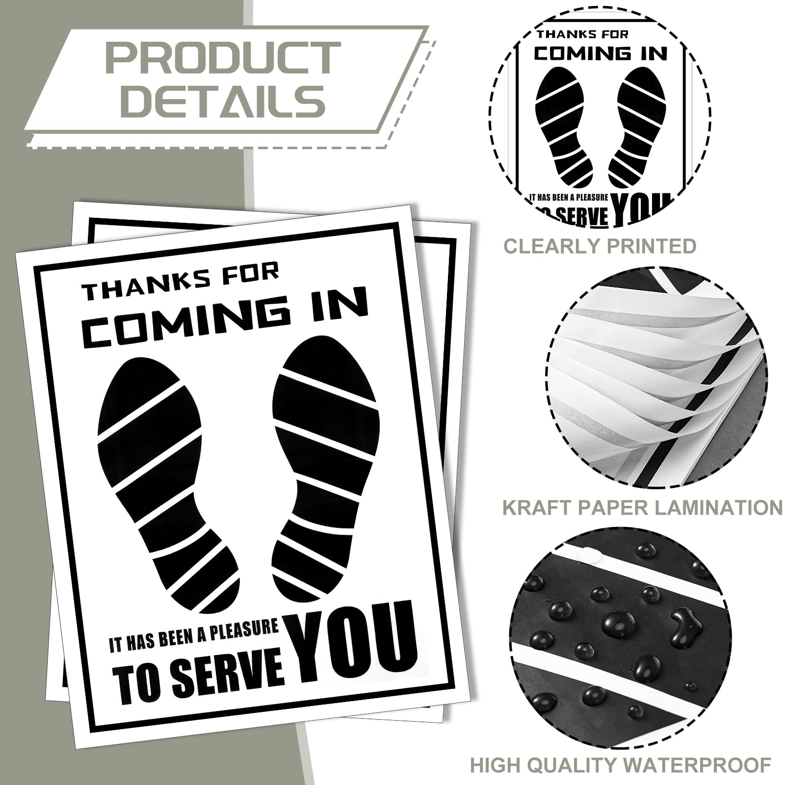 PRODUCT DETAILS

- THANKS FOR COMING IN
- IT HAS BEEN A PLEASURE TO SERVE YOU

- CLEARLY PRINTED
- KRAFT PAPER LAMINATION
- HIGH QUALITY WATERPROOF