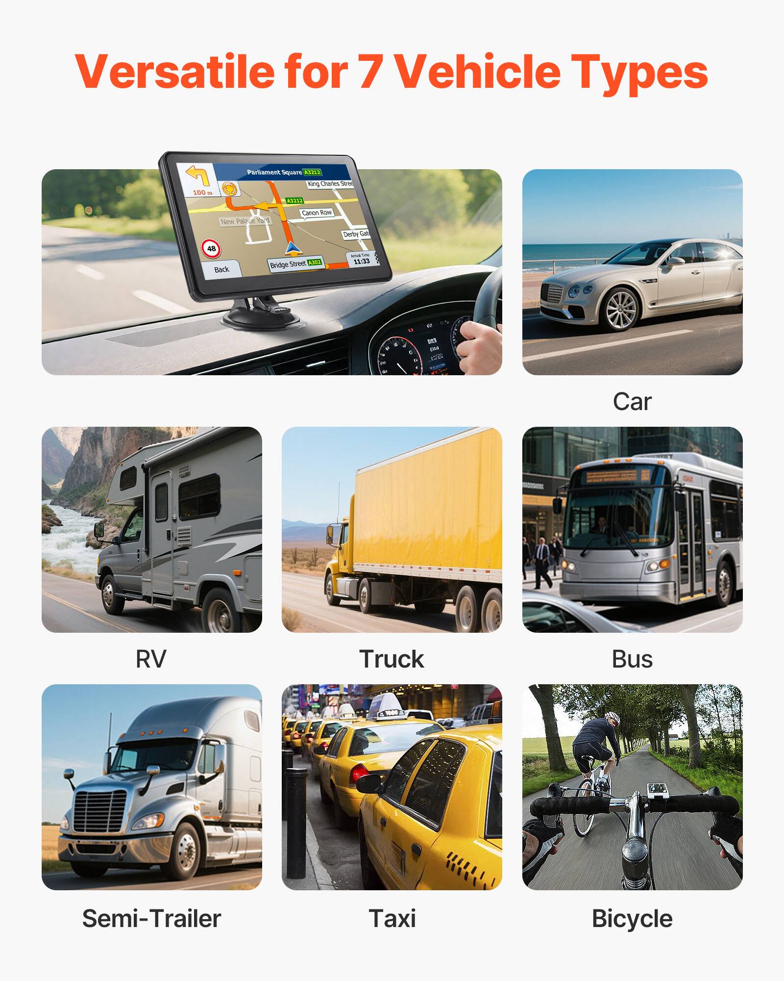 Versatile for 7 Vehicle Types

Car
RV
Truck
Bus
Semi-Trailer
Taxi
Bicycle