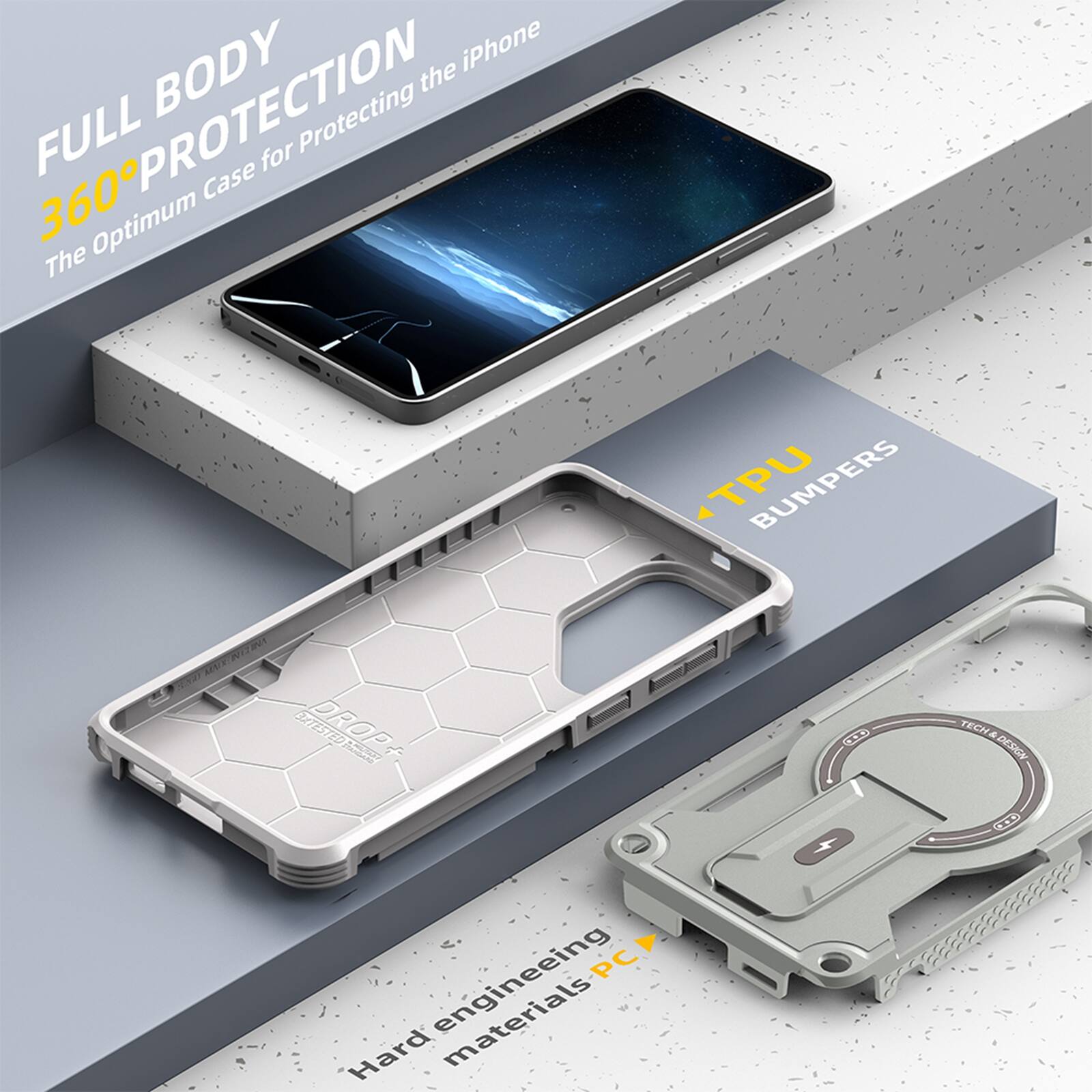 FULL BODY 360° PROTECTION  
The Optimum Case for Protecting the iPhone  

TPU BUMPERS  

Hard engineering materials PC  

TECH DESIGN
