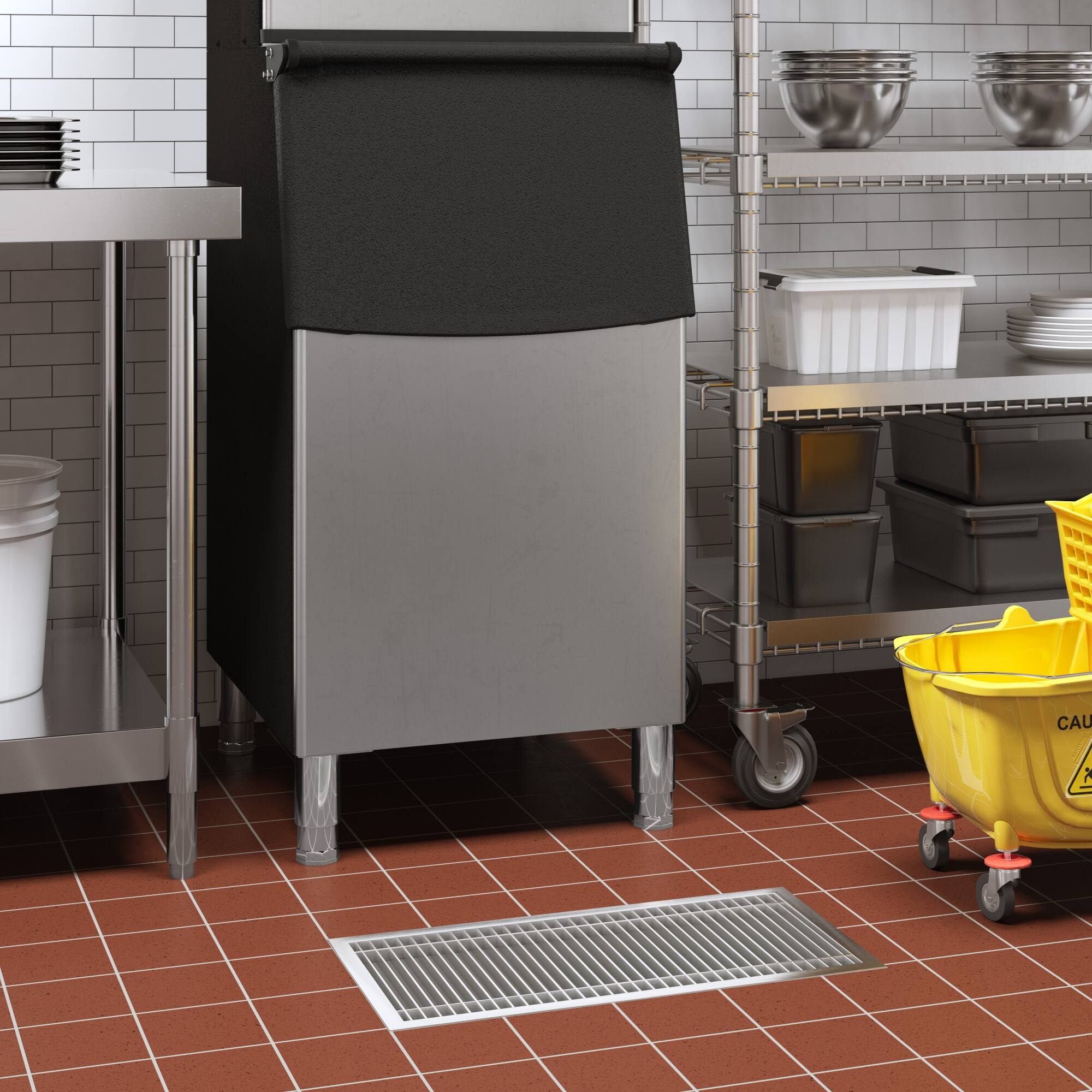 Left. Koolmore - 12" x 36" Stainless Steel Floor Trough Drain, 14-Gauge with Subway-Style Grating & Removable Drain Basket, NSF Listed - Stainless-Steel.