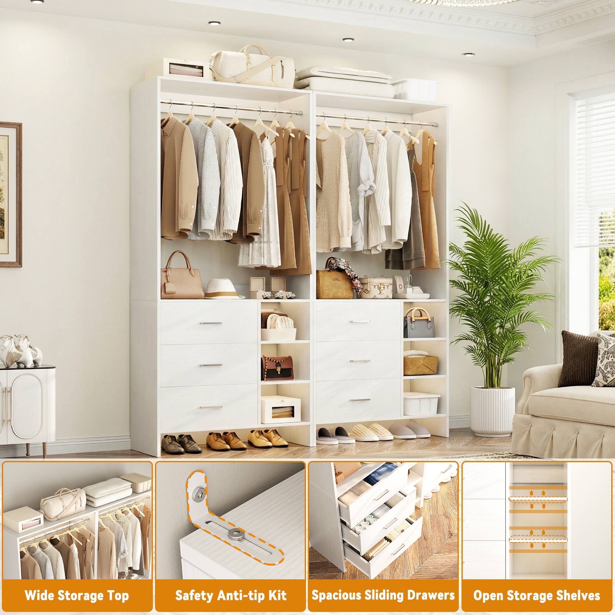 Wide Storage Top  
Safety Anti-tip Kit  
Spacious Sliding Drawers  
Open Storage Shelves