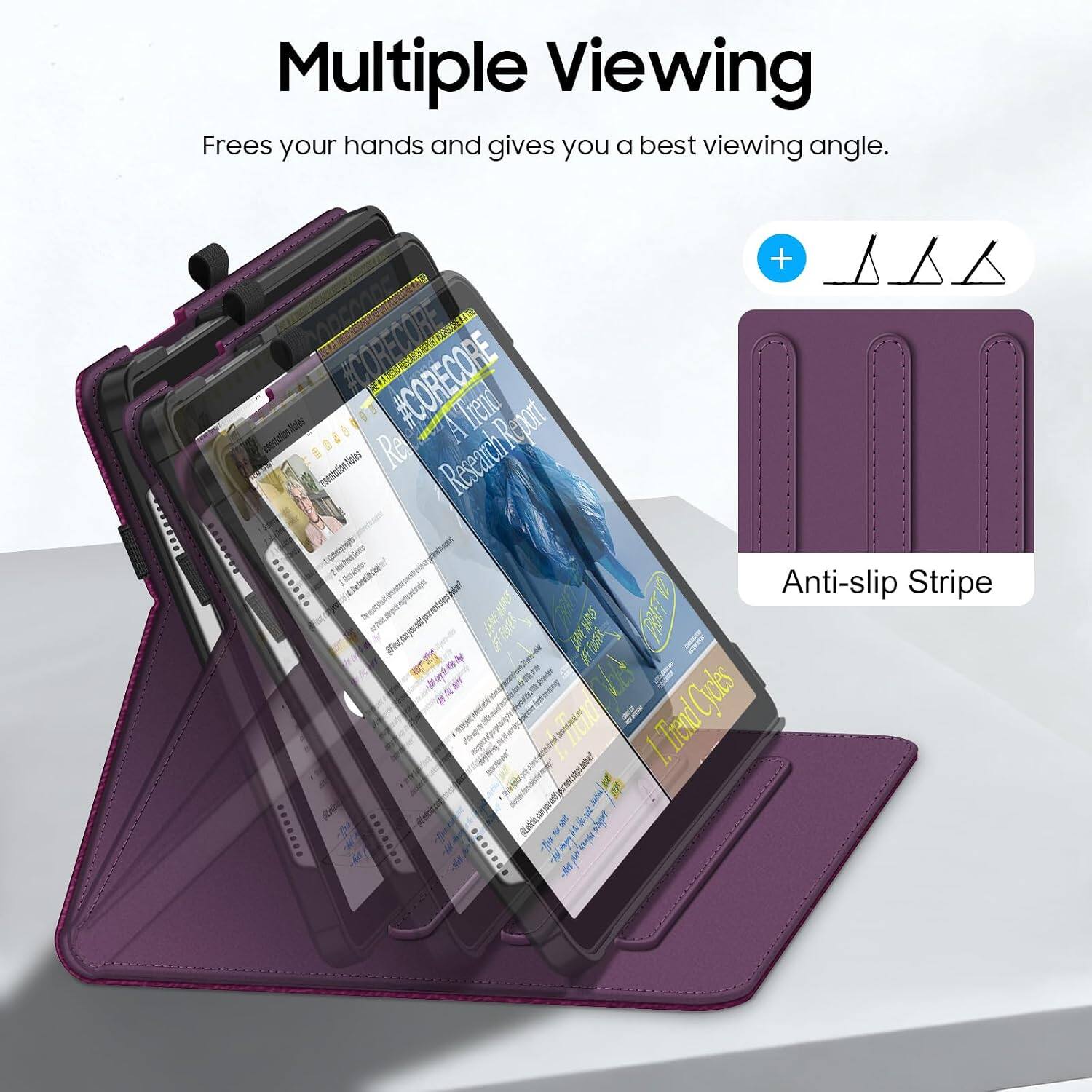 Multiple Viewing  
Frees your hands and gives you a best viewing angle.

www  
#CORECORE! #CORECORE!  
Trend Presentation Notes Research Reporty .......  
Anti-slip Stripe  
ThinkWest  
FEATURE  
Cicles  
1.TivntQue (iLeticia, BACNER 30%