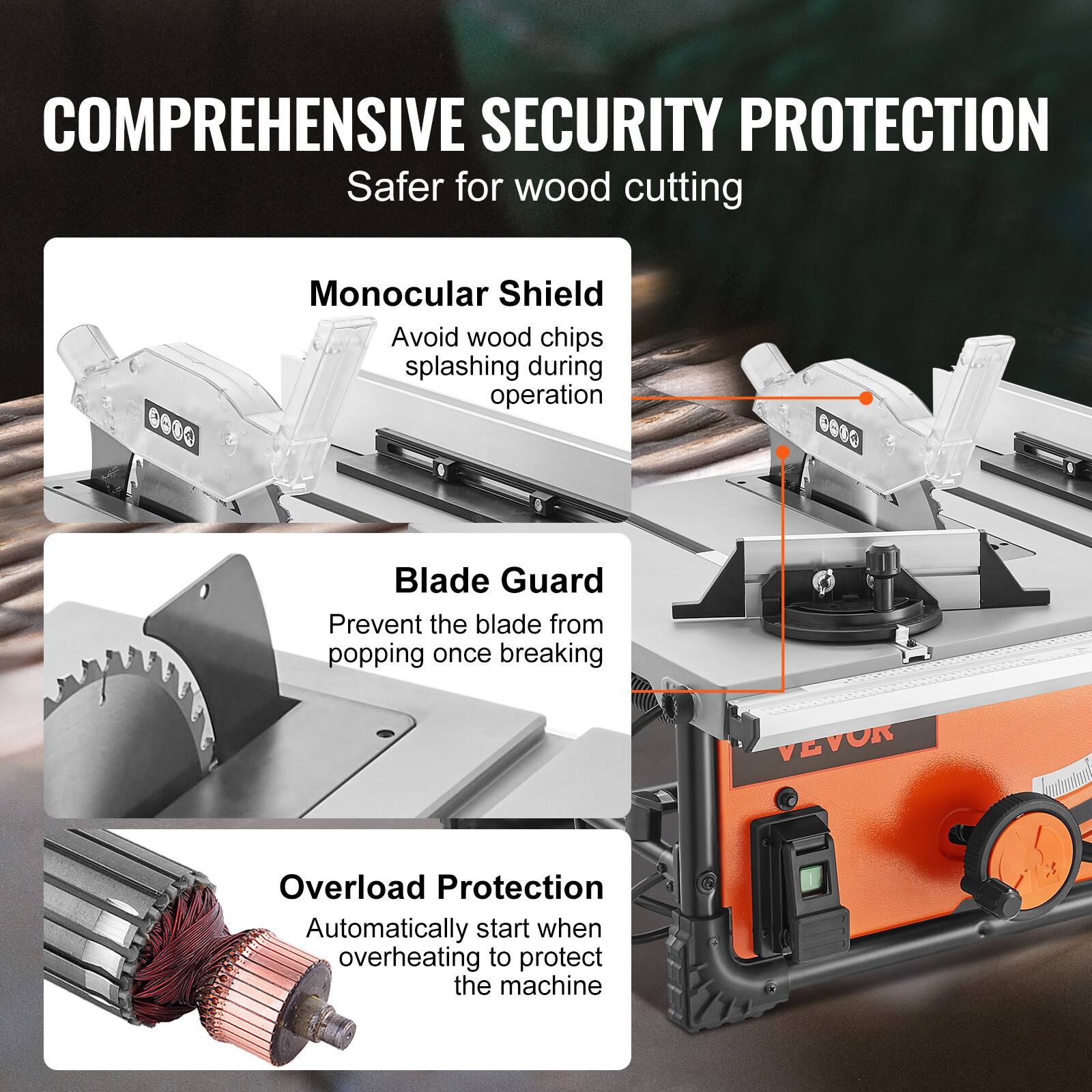 COMPREHENSIVE SECURITY PROTECTION  
Safer for wood cutting

Monocular Shield  
Avoid wood chips splashing during operation

Blade Guard  
Prevent the blade from popping once breaking

Overload Protection  
Automatically start when overheating to protect the machine