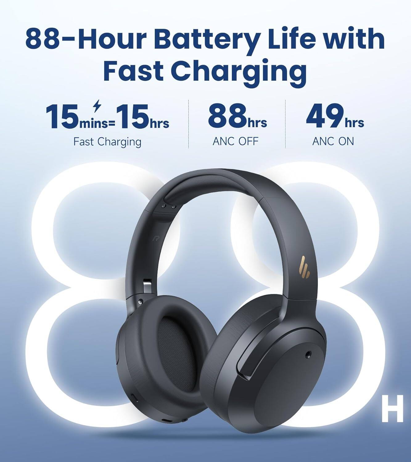 88-Hour Battery Life with Fast Charging

15 mins = 15 hrs Fast Charging

88 hrs ANC OFF

49 hrs ANC ON
